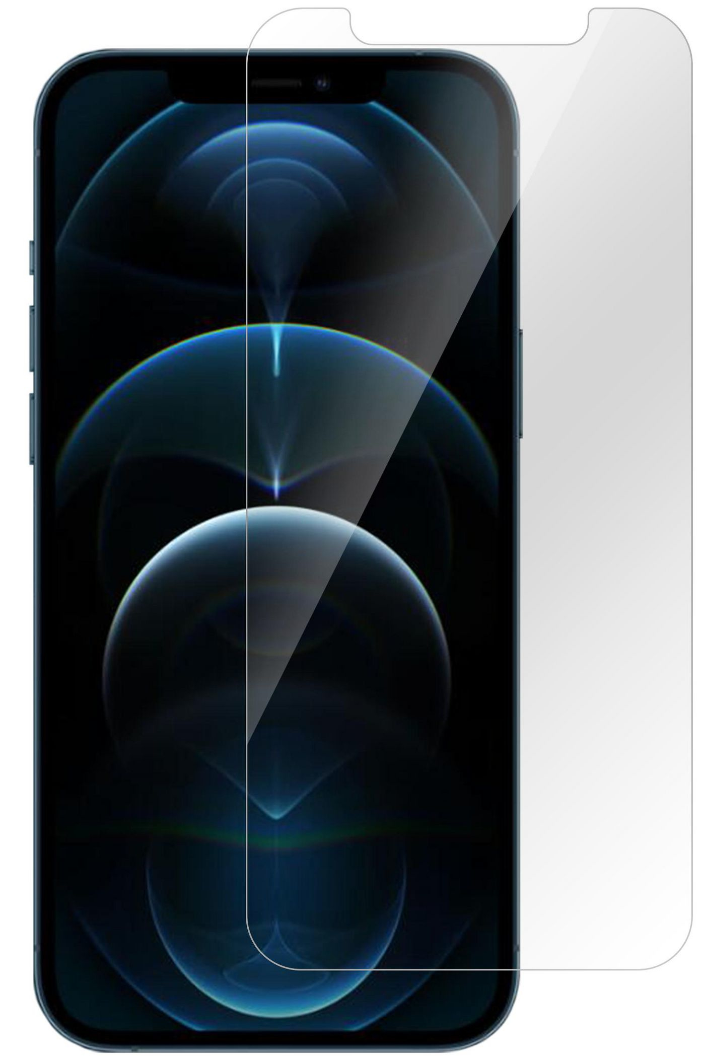 Telefono con schermo blu scuro e una protezione schermo trasparente staccata e pronta per l'applicazione.