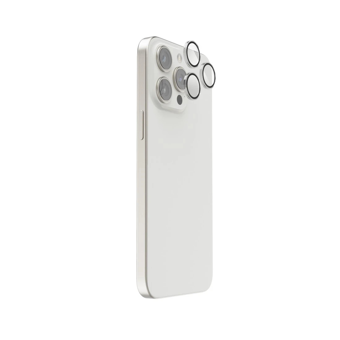 iPhone bianco con protezione schermo sul retro. Le lenti della fotocamera hanno protezioni trasparenti.