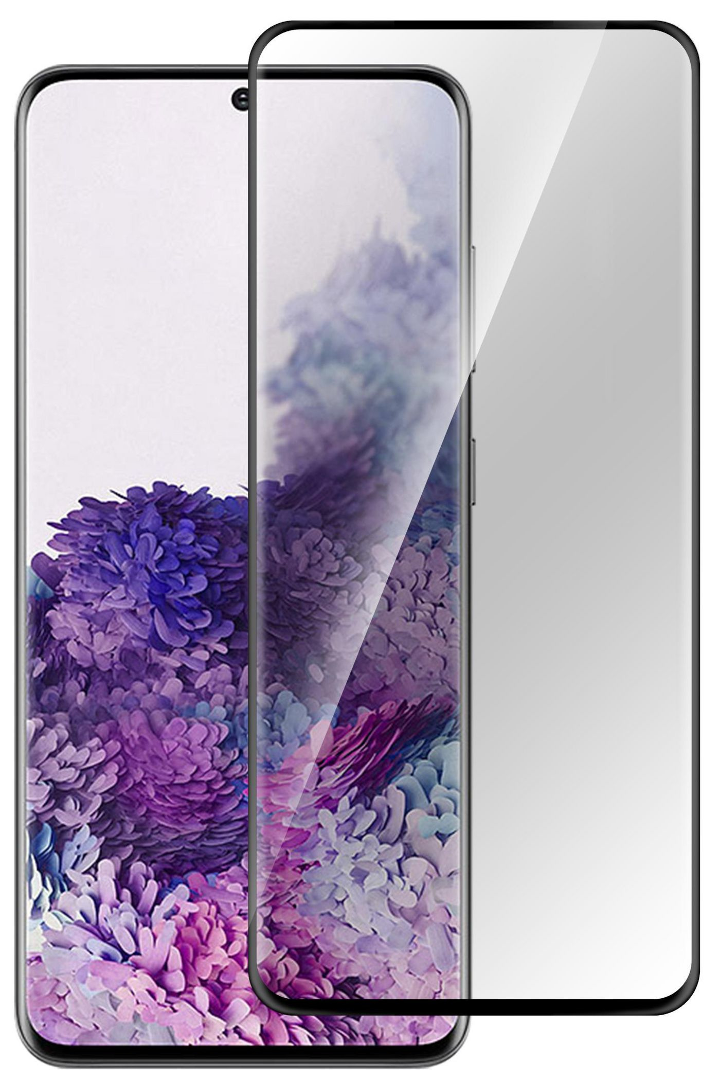 Smartphone con protezione schermo. Sfondo floreale viola e bianco visibile attraverso il display.