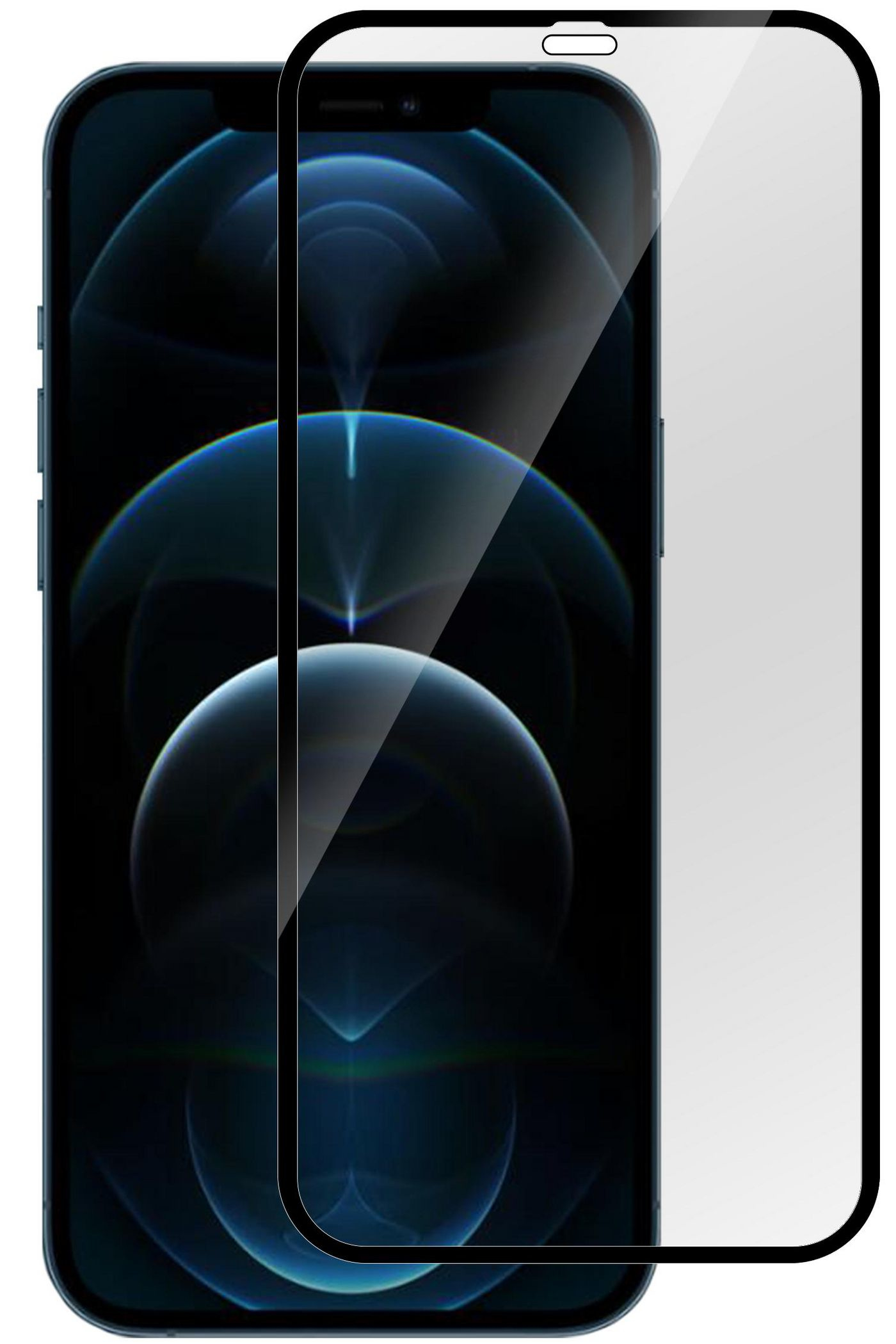 Un telefono con protezione schermo. Il telefono ha un design blu e nero.