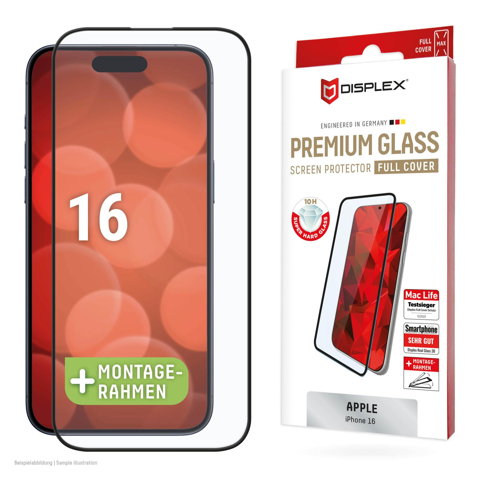 Telefono con proteggi schermo e scatola. Sulla scatola c'è scritto 'iPhone 16' e c'è l'immagine di un telefono.