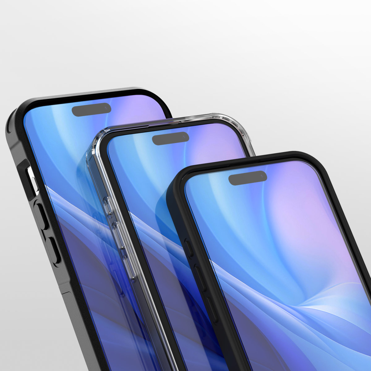 Tre telefoni con proteggi schermo, quello centrale ha una custodia trasparente. Protezioni quasi trasparenti.