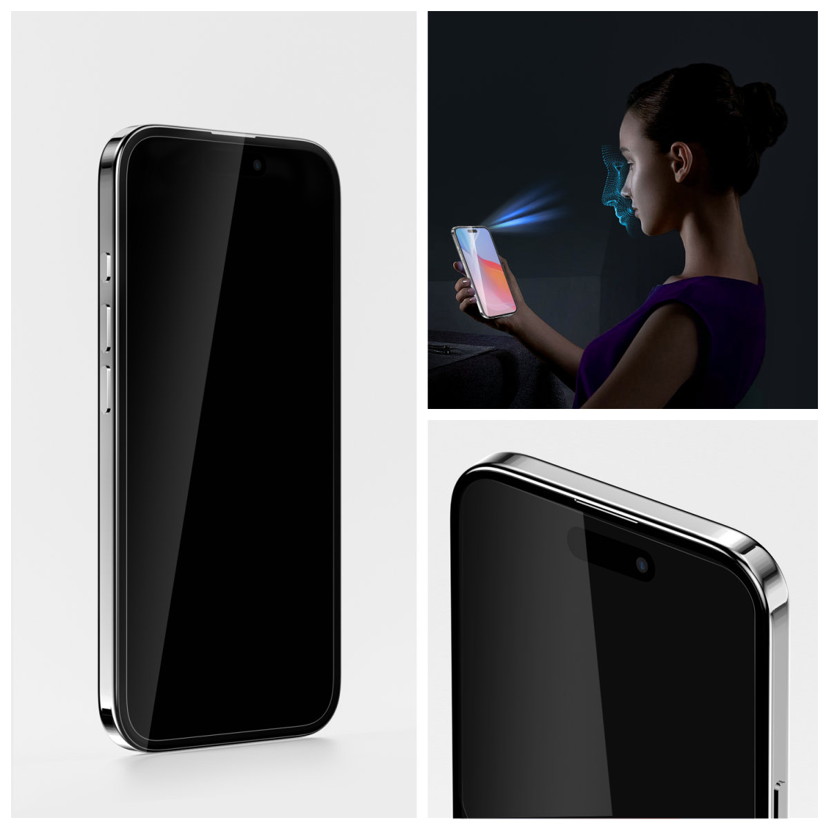 Telefon z osłoną ekranu. Kobieta używa Face ID. Zbliżenie telefonu. Białe tło.