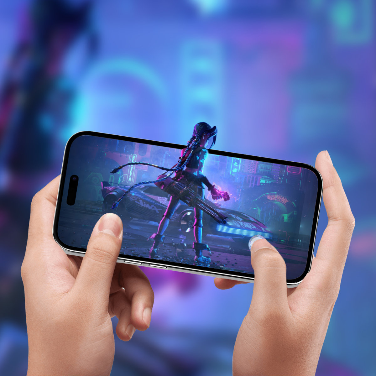 Dłonie trzymające telefon z grą na ekranie. Neonowe tło.