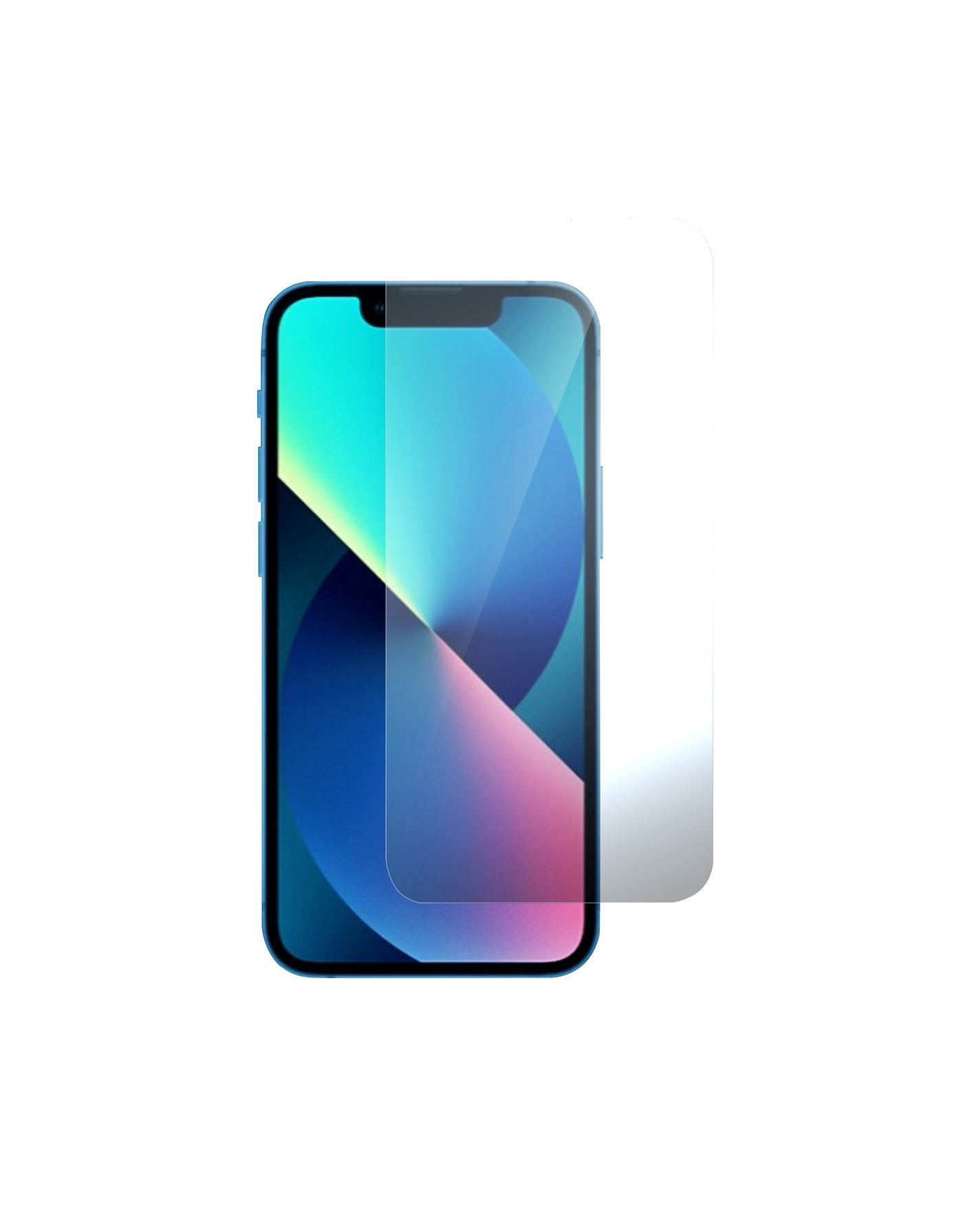 Telefono blu con una protezione schermo. Lo schermo mostra un'immagine blu e verde acqua.