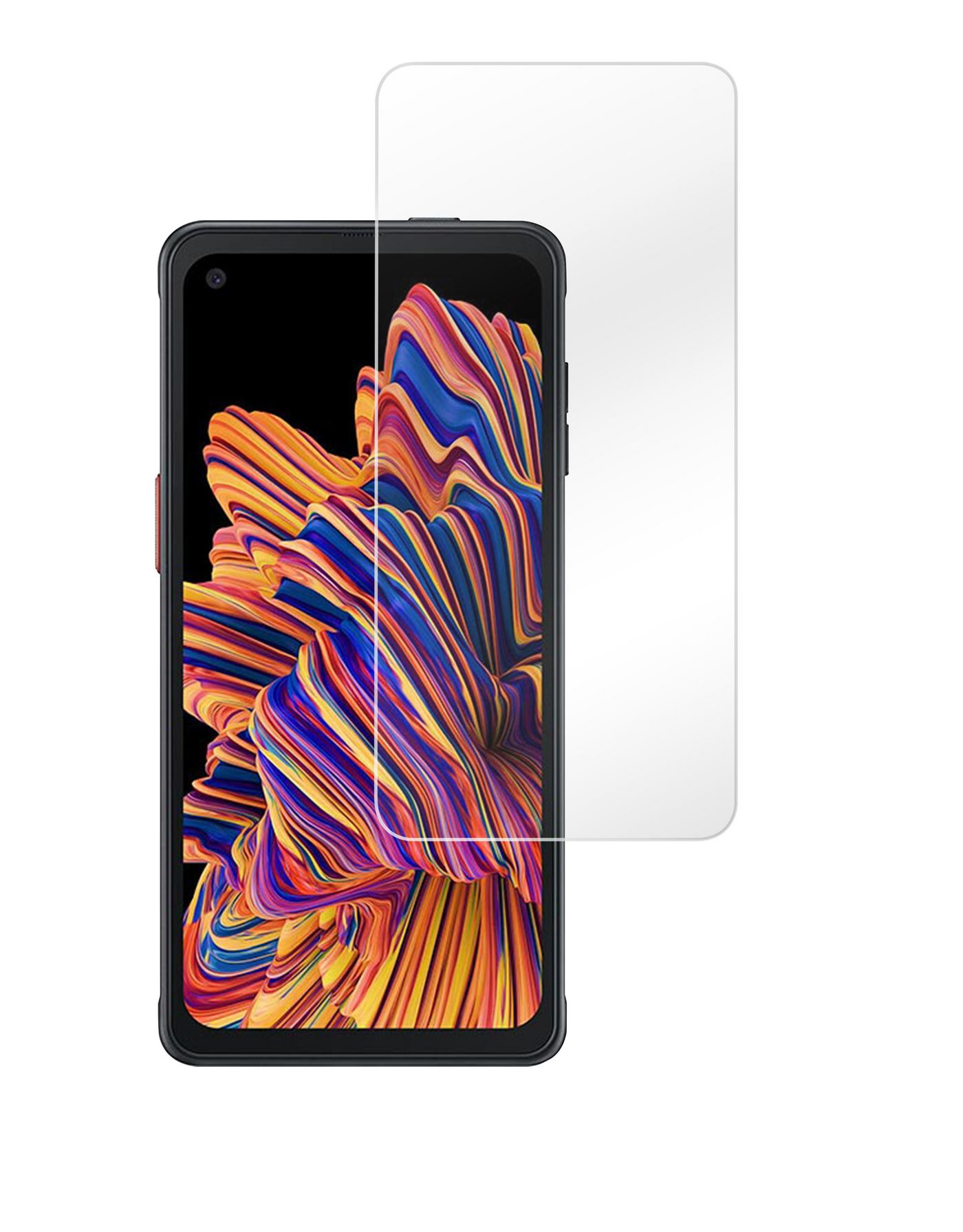 Un telefono nero con protezione schermo. Lo schermo mostra un motivo astratto colorato. La protezione è trasparente.