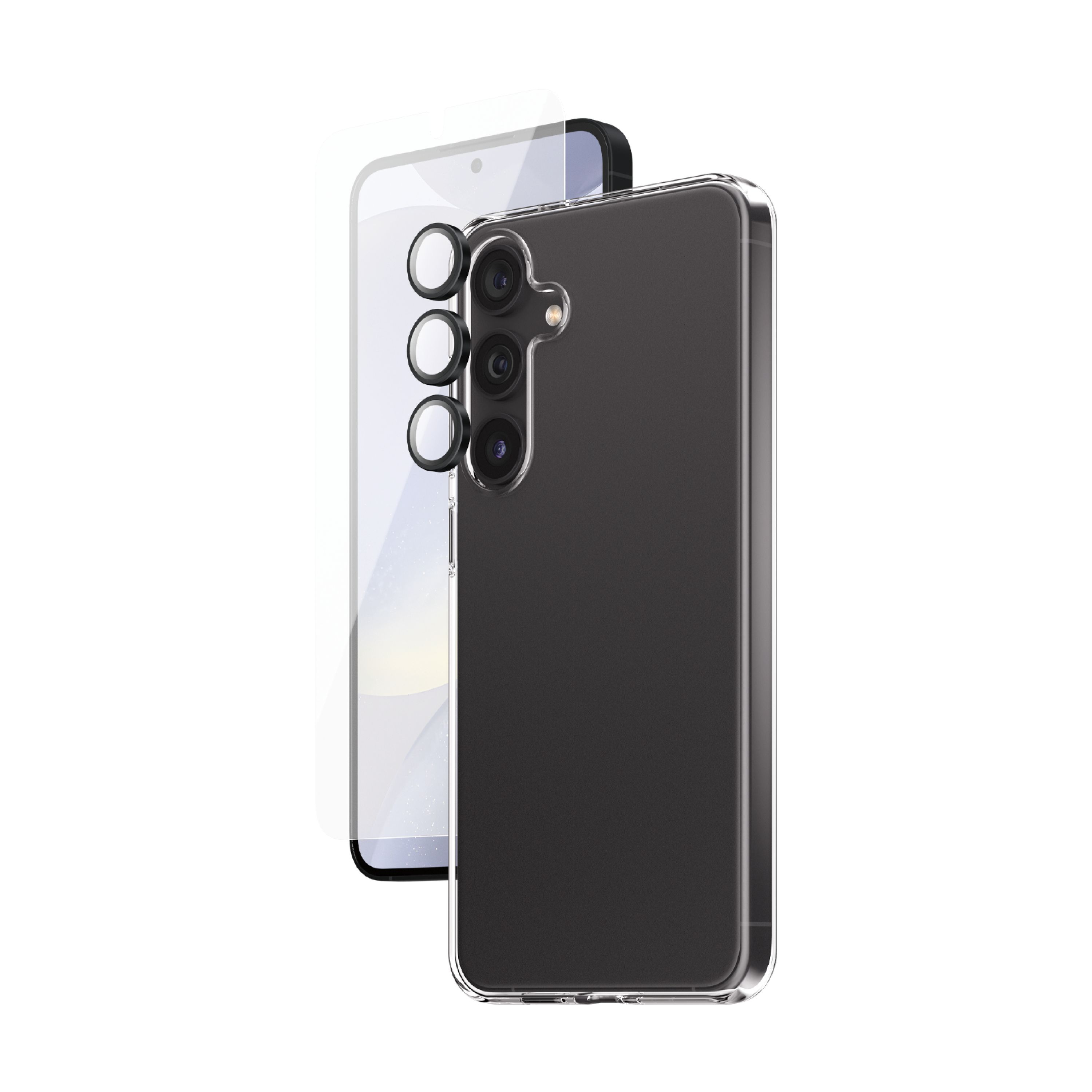 Telefon, kılıf ve ekran koruyucu. Telefon kılıfın içinde. Şeffaf kılıf ve ekran koruyucu.