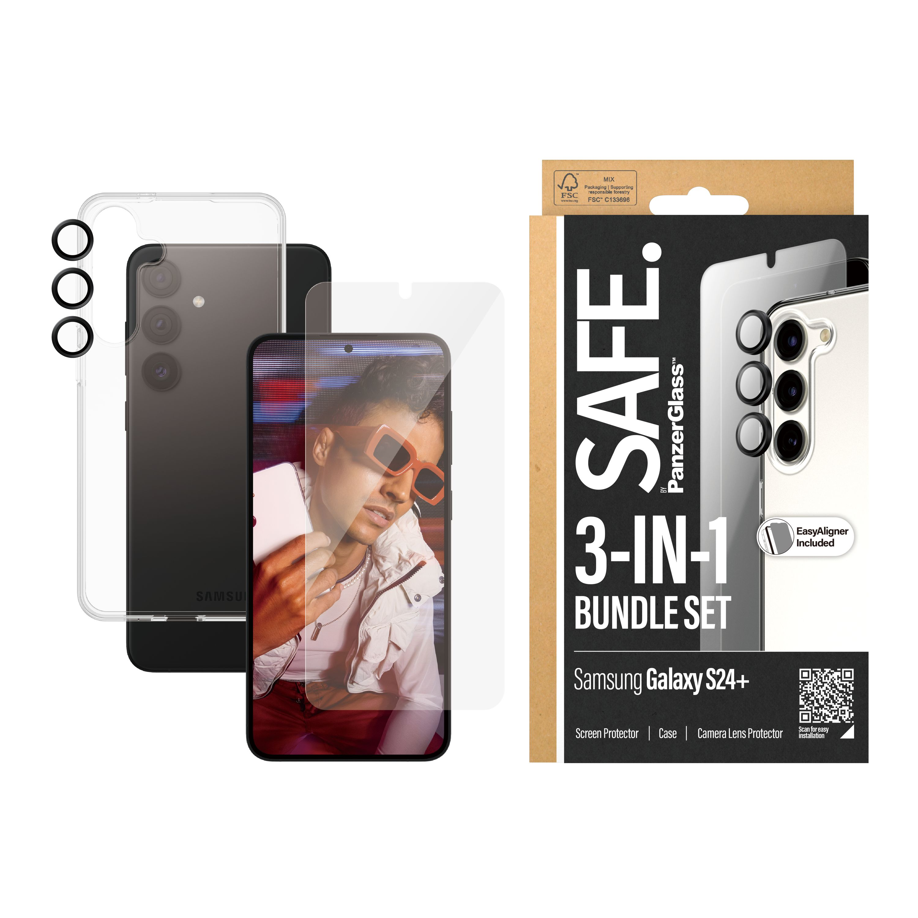 Telefon ve aksesuar paket seti. Ekran koruyucu, kılıf ve kamera merceği koruyucu. Safe markası.