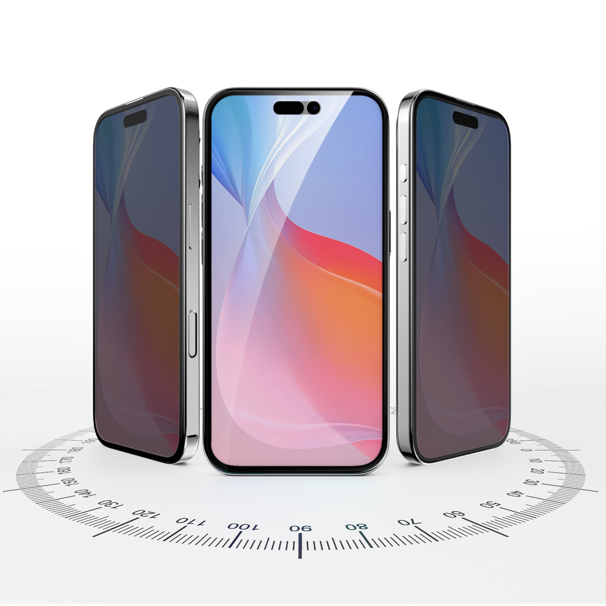 Tre telefoni con protezioni schermo. Telefoni di fronte a un goniometro. Protezioni schermo grigie.