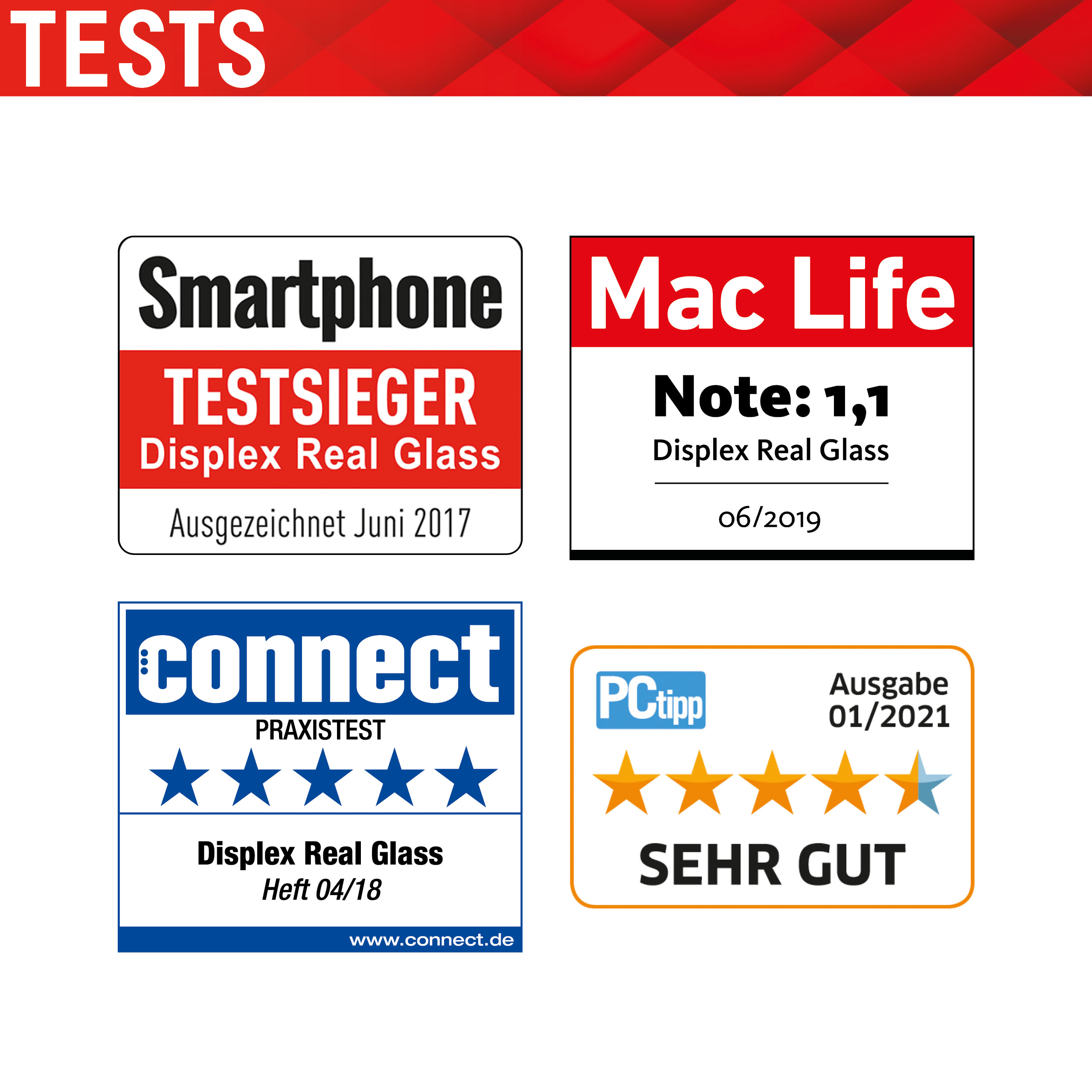 Quattro recensioni di prodotti: Vincitore del test Smartphone, Mac Life Note 1.1, Connect 5 stelle, PCtipp Ottimo.