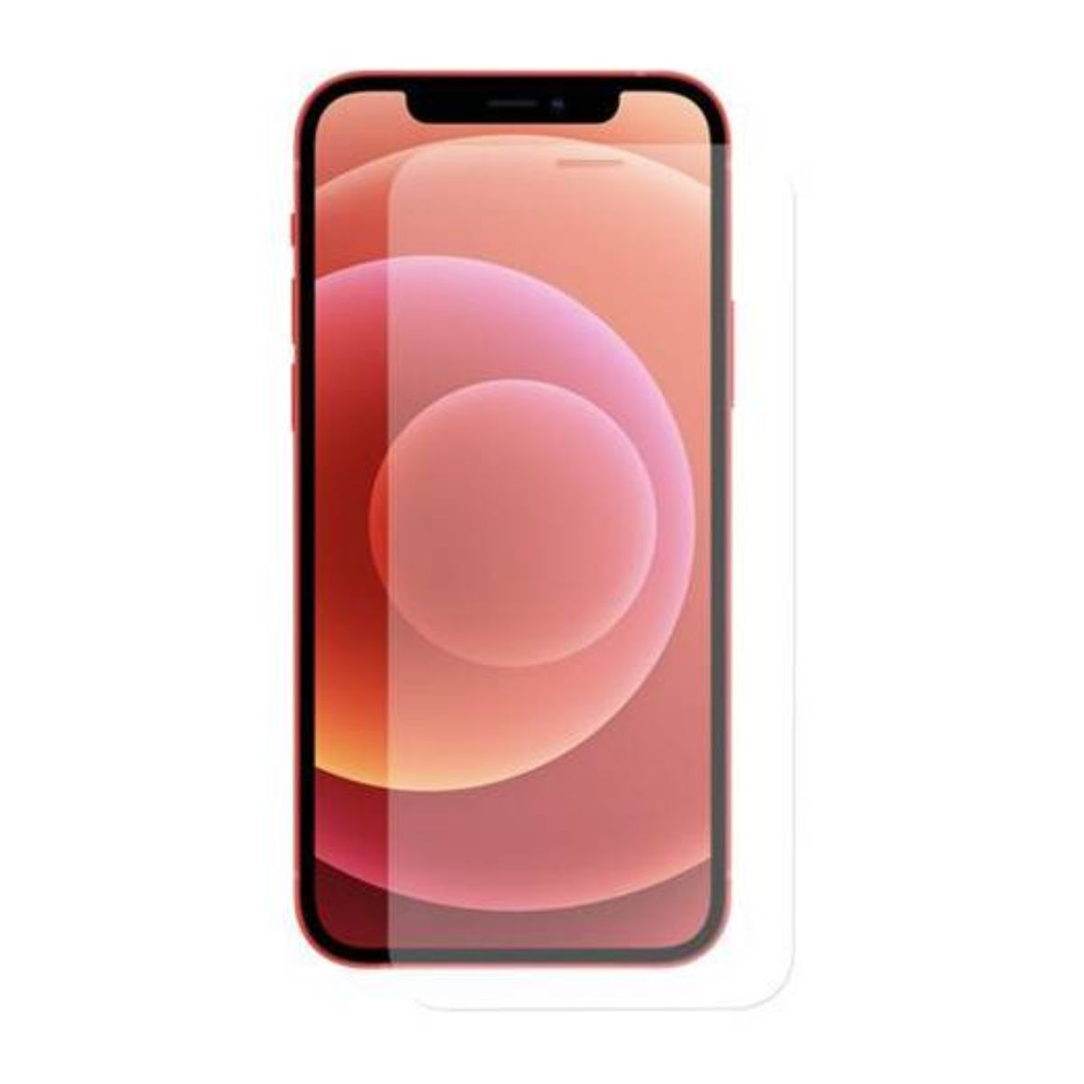 Uno smartphone rosso con una protezione schermo, schermo rosa e arancione.