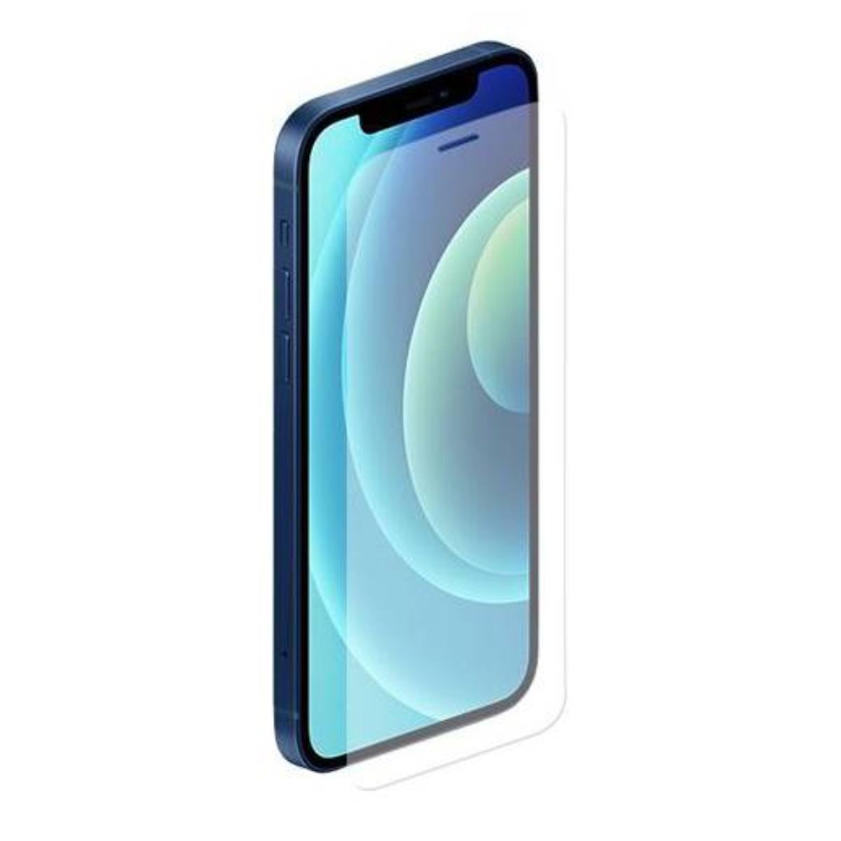 Uno smartphone blu con una protezione schermo, sfondo bianco.