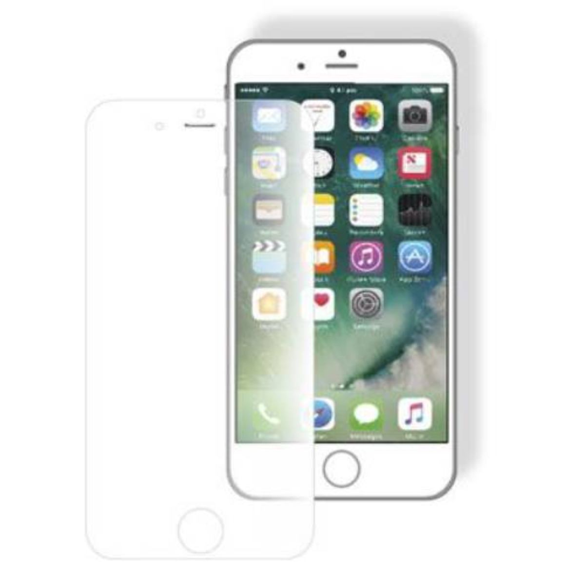Smartphone bianco con protezione schermo, sfondo bianco, con icone delle app.
