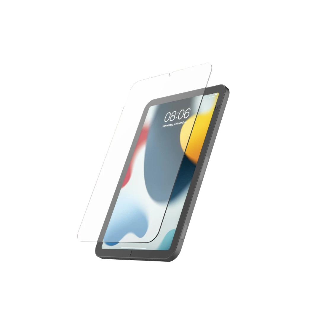 Tablet con protezione schermo trasparente. Il tablet mostra ora e data.