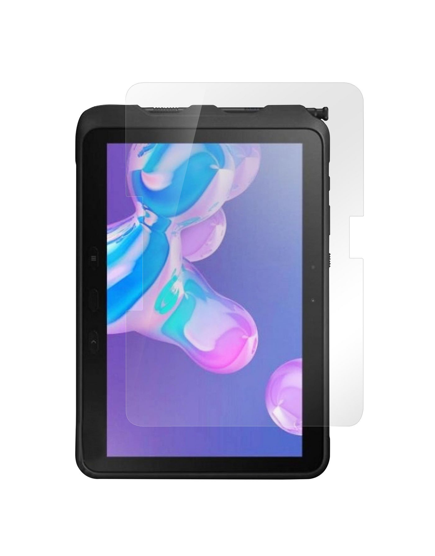 Un tablet con una protezione per lo schermo, all'interno di una custodia nera.