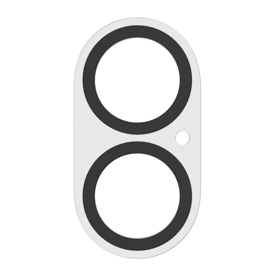 Protezione fotocamera del telefono con due cerchi neri e un piccolo foro su sfondo bianco.