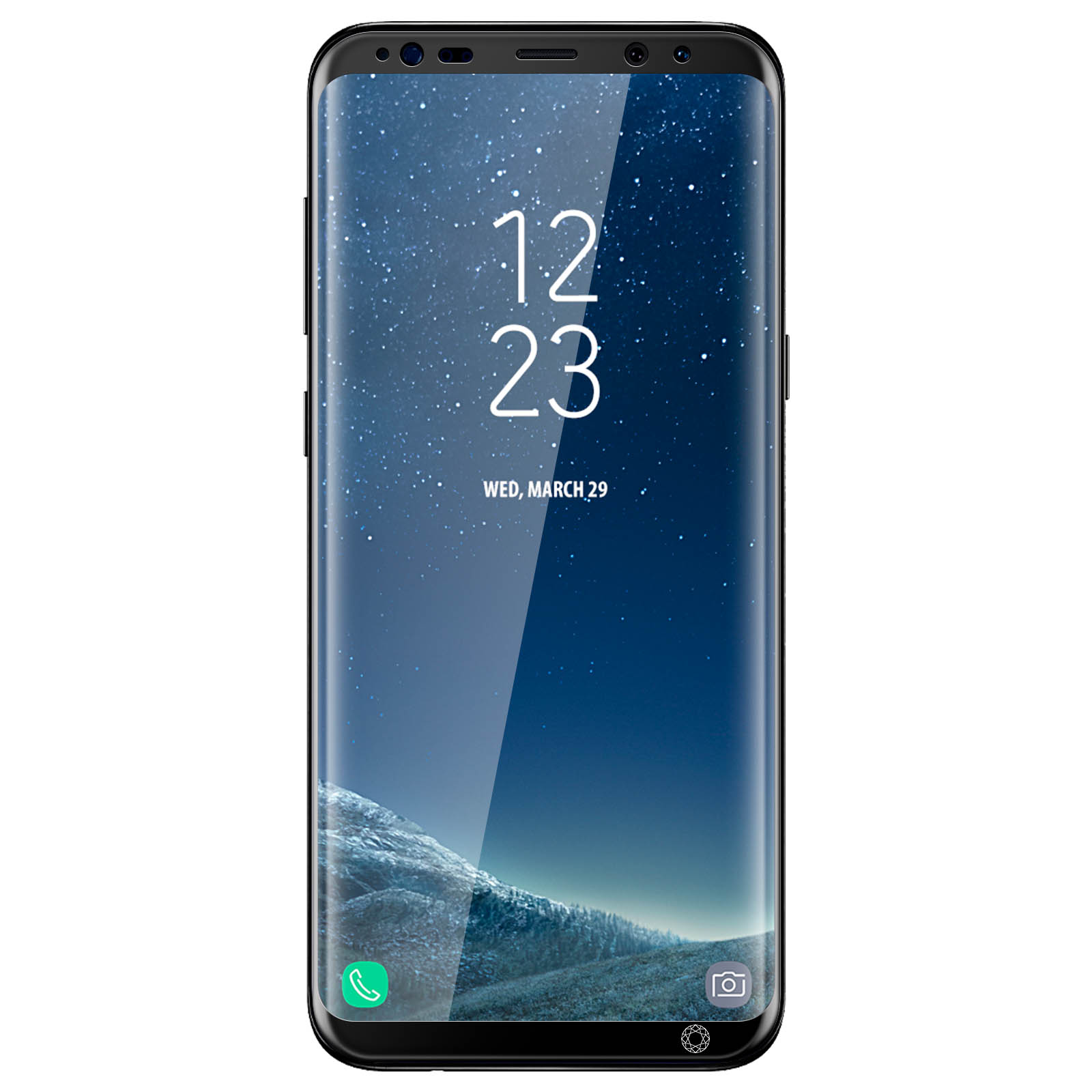 Smartphone noir affichant l'heure et la date sur un fond étoilé.