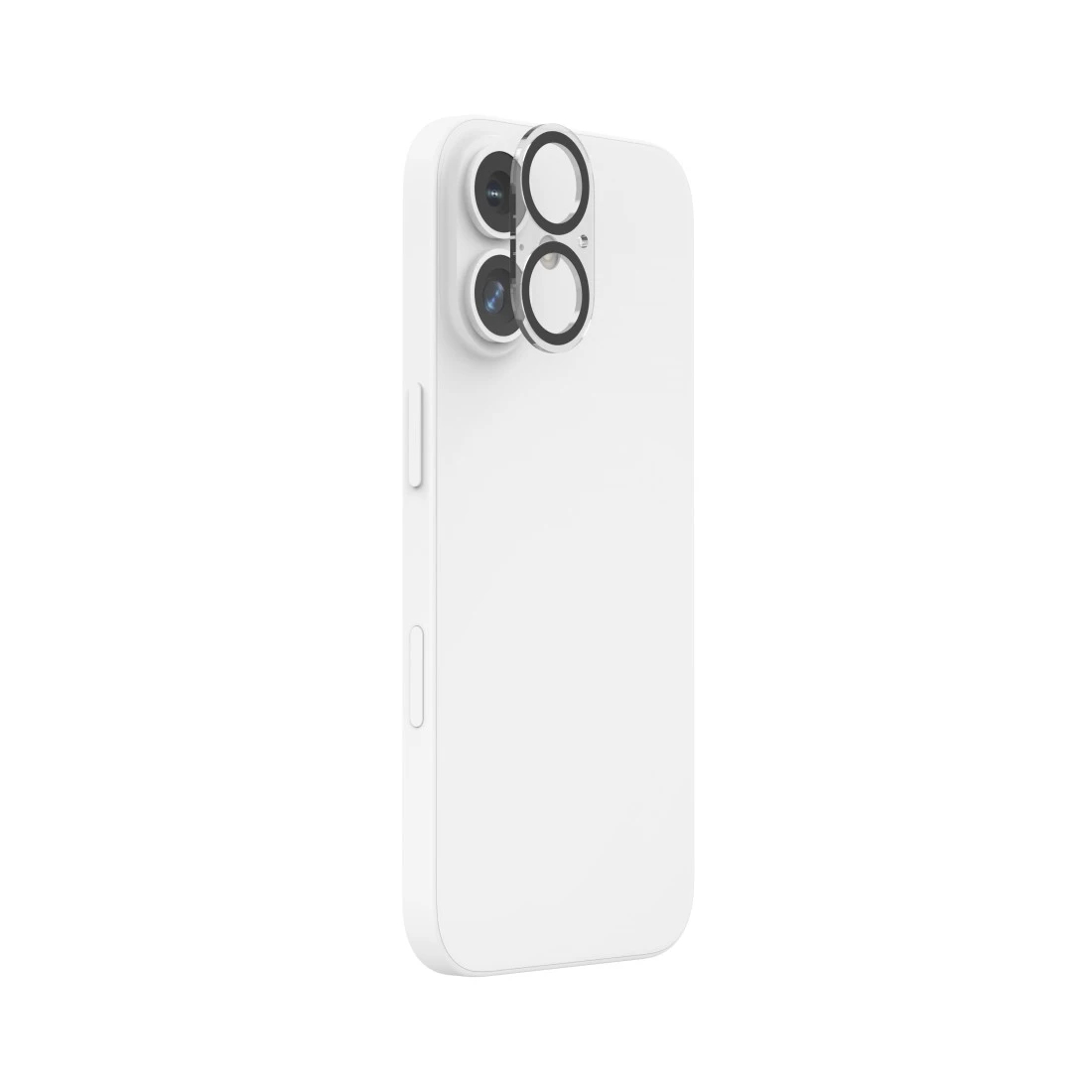 Custodia bianca per telefono con lenti della fotocamera, vista angolata, sfondo bianco.