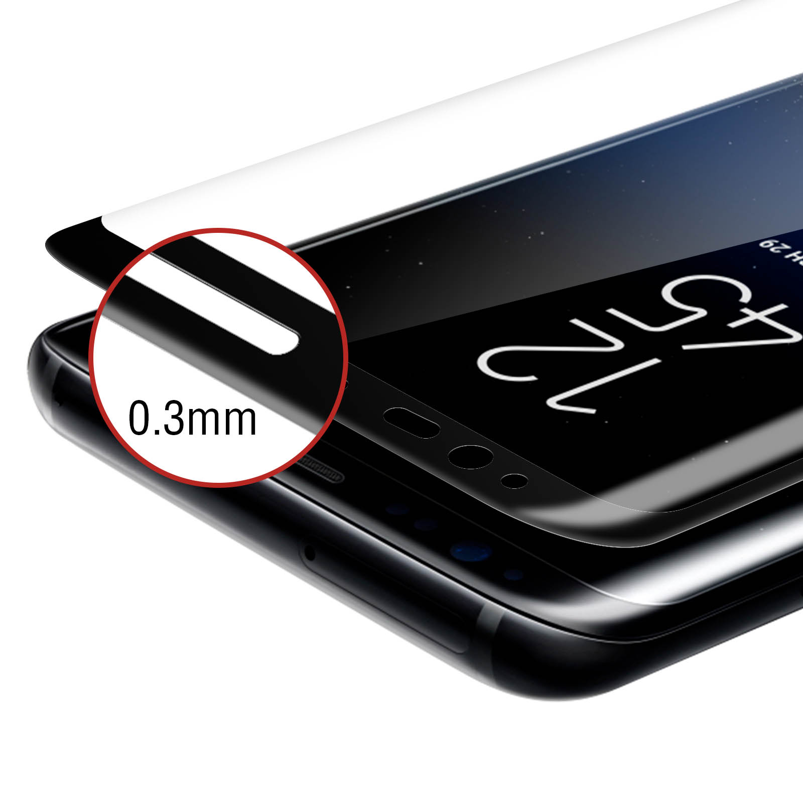 Gros plan montrant l'épaisseur d'un protecteur d'écran de 0,3 mm, appliqué sur un smartphone.