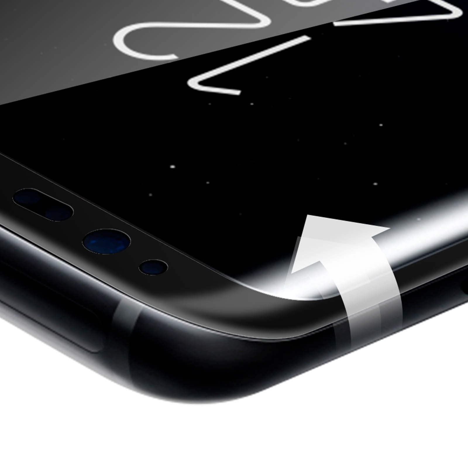 Gros plan sur un écran de smartphone avec une flèche blanche indiquant où décoller le protecteur d'écran.