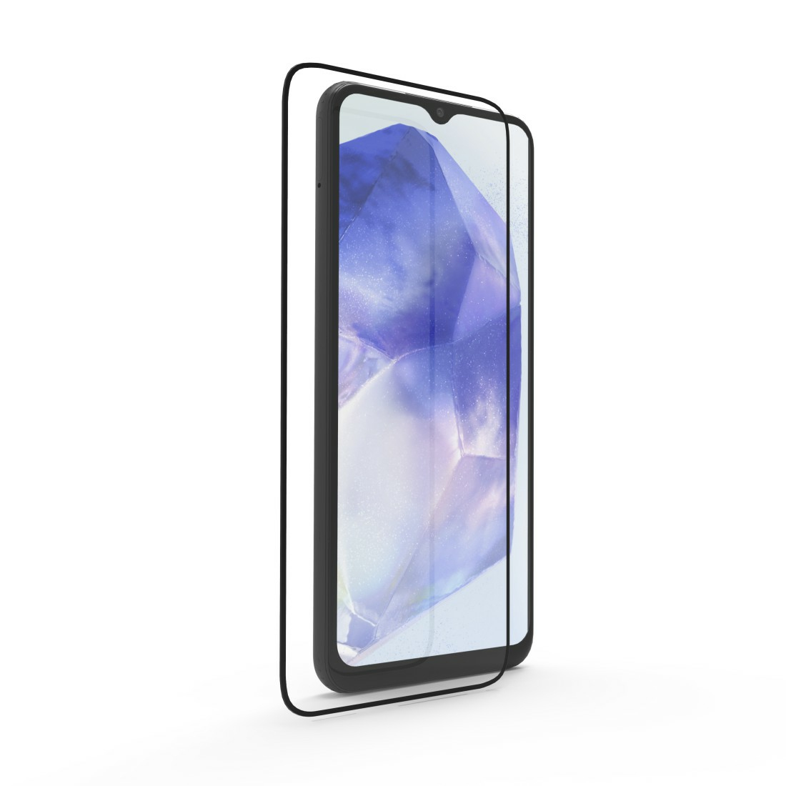 Un telefono con una protezione per lo schermo installata. Il telefono è nero, la protezione è trasparente.