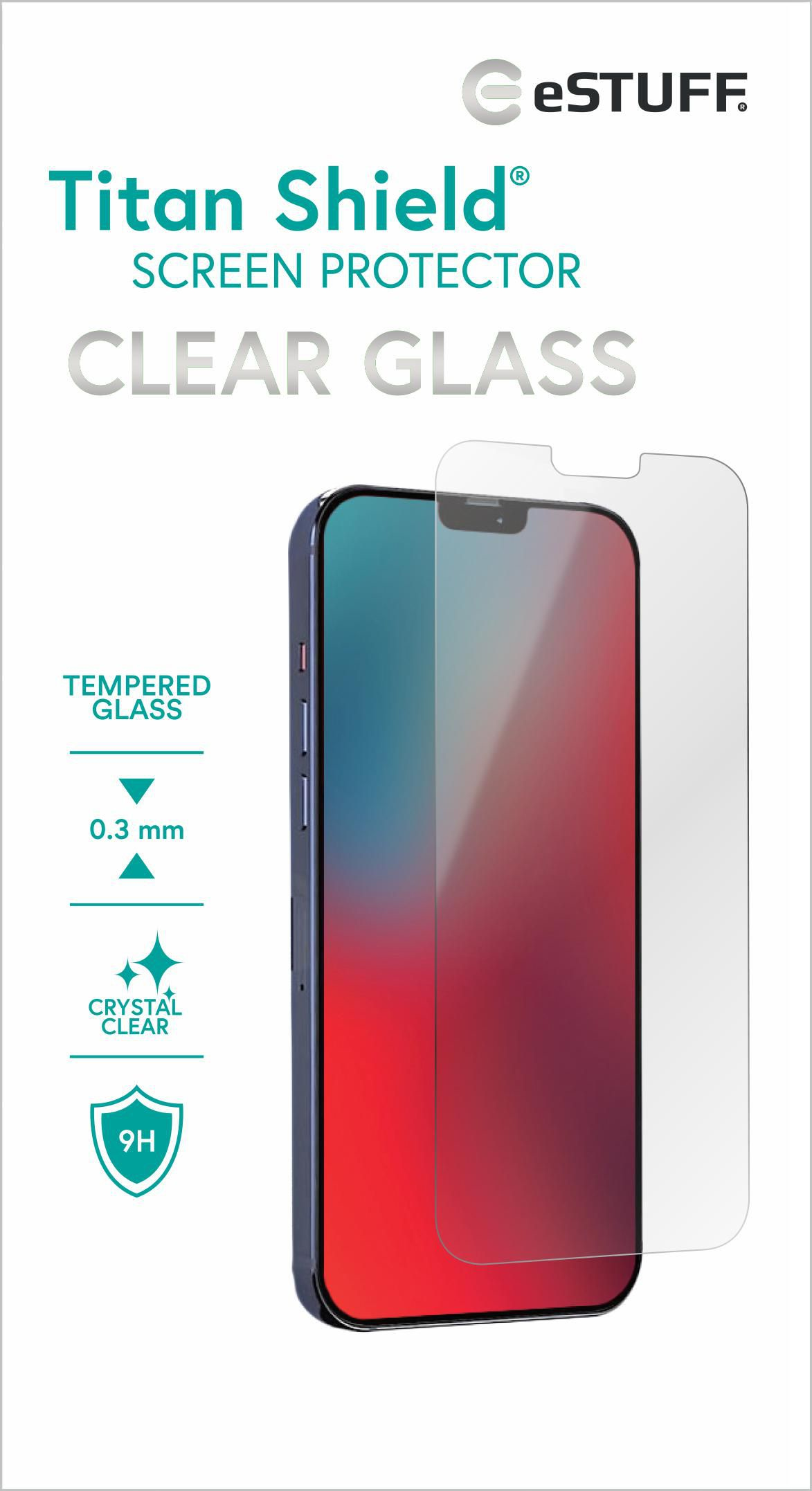 Scatola protezione schermo Titan Shield e telefono. Il telefono mostra l'applicazione di protezione ed è trasparente.