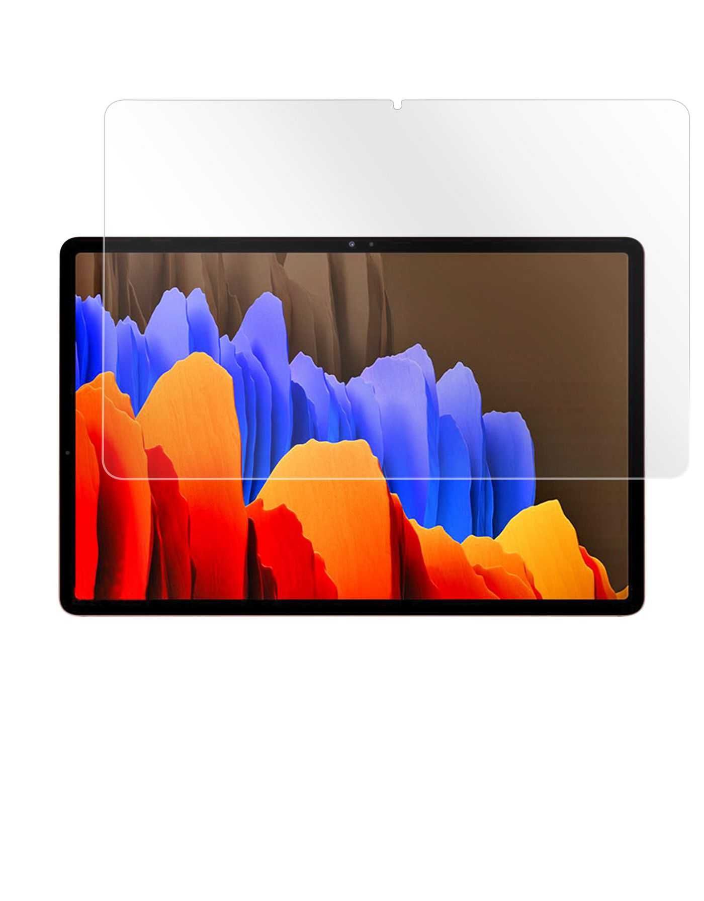 Tablet con protezione schermo. Lo schermo mostra un design astratto arancione e blu.