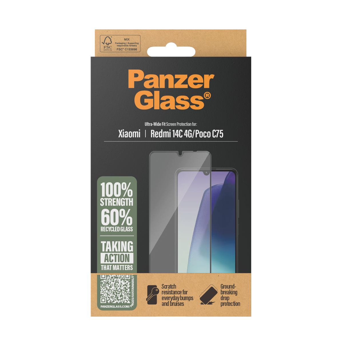 Scatola di protezione schermo Panzer Glass per Xiaomi. Include immagine del telefono e dettagli.
