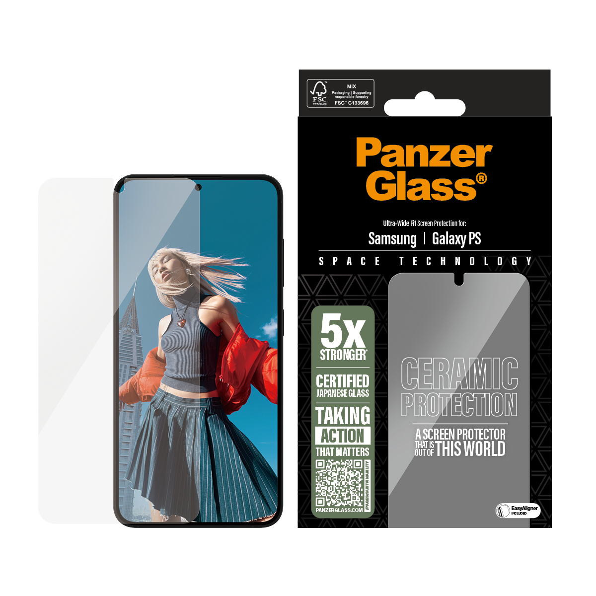 Telefon z ochroną ekranu. Kobieta w tle, tekst: OCHRONA CERAMICZNA, 5X mocniejsza.