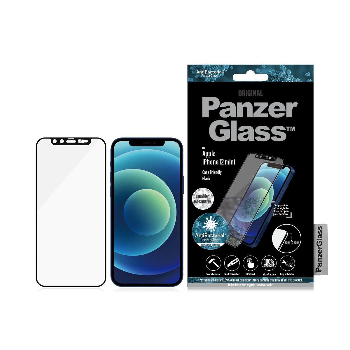 iPhone 12 mini con protezione schermo e confezione. La confezione mostra il telefono e la protezione.