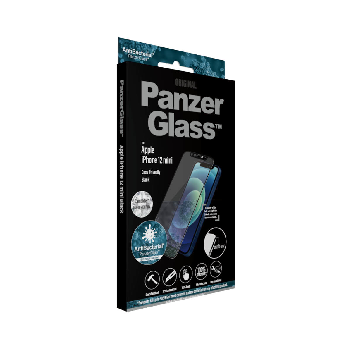 Scatola nera PanzerGlass per iPhone 12 mini. Immagine del prodotto e caratteristiche visibili.