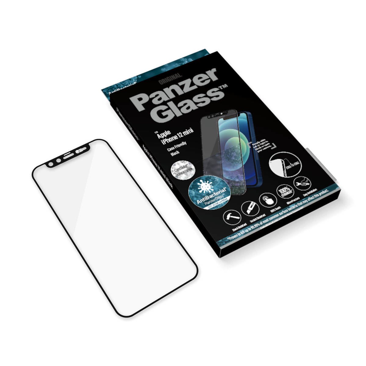 Telefono con protezione schermo e scatola. La scatola dice 'PanzerGlass' e 'Apple iPhone'. Sfondo bianco.