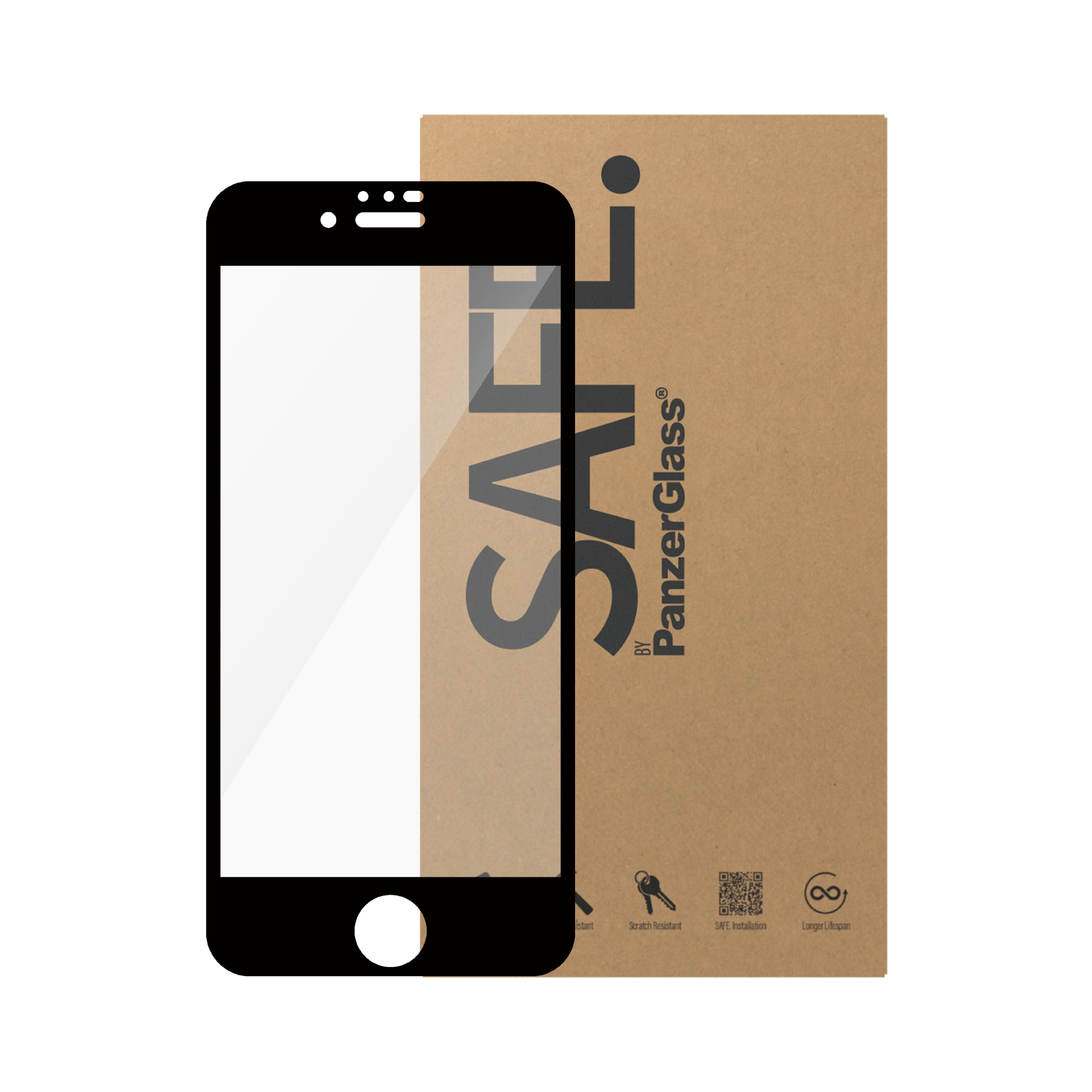 Protezione schermo e confezione con logo SAFE su sfondo bianco.