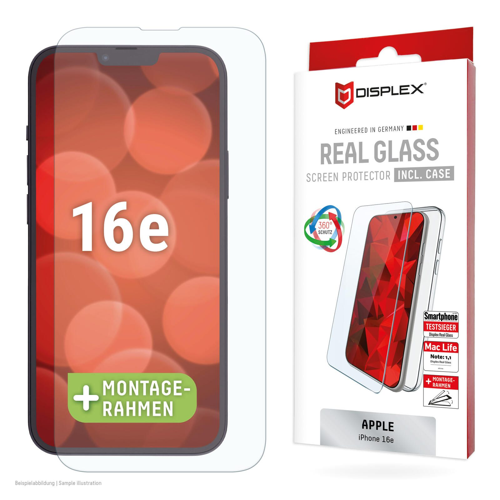 Smartphone mit Displayschutz und einer Box rechts, die ein Telefonbild und Text zeigt.