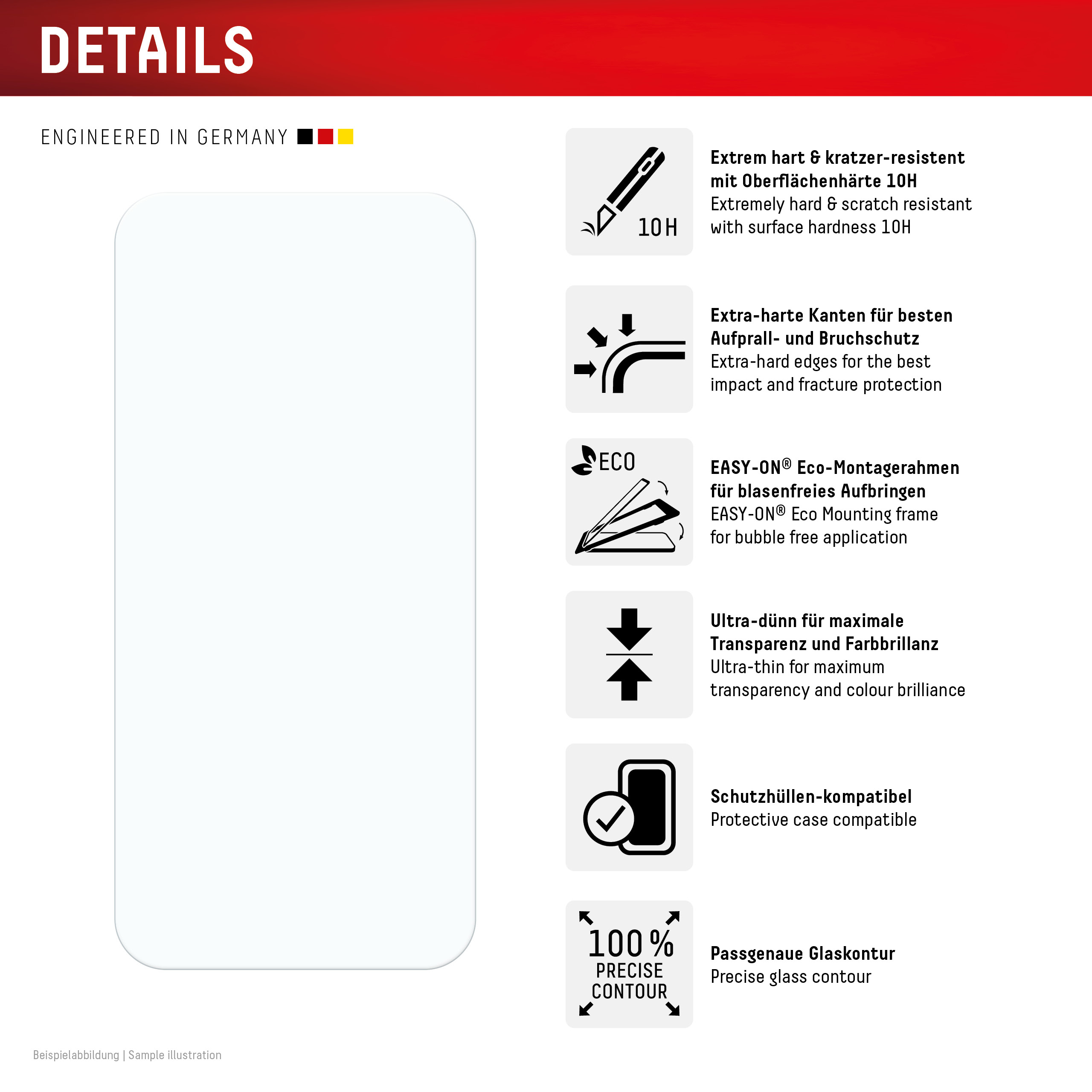 Diagramm eines Displayschutzes mit Details. Text auf Deutsch: Extrem hart & kratzfest.