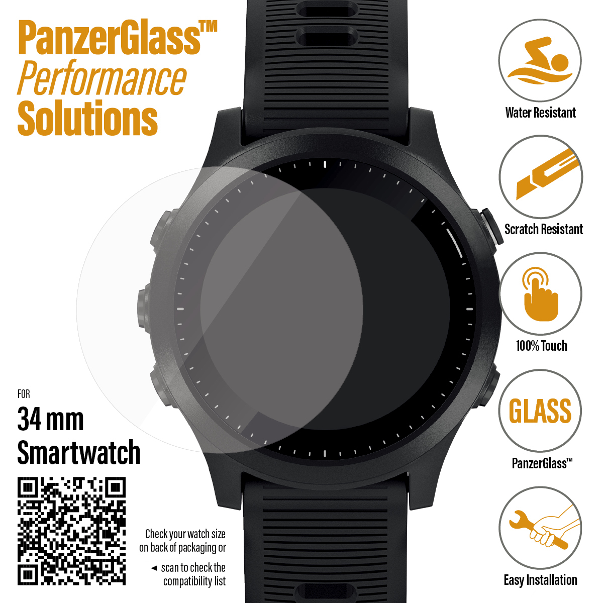 Uno smartwatch con protezione schermo applicata, circondato da icone correlate.