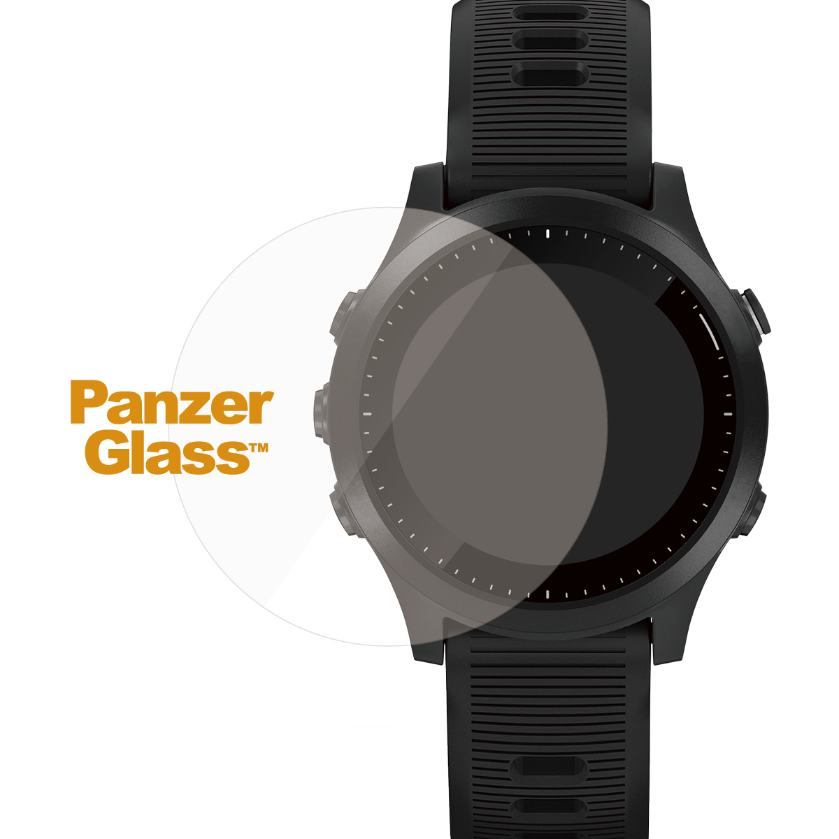 Smartwatch nero con PanzerGlass sullo schermo. Testo arancione a sinistra.
