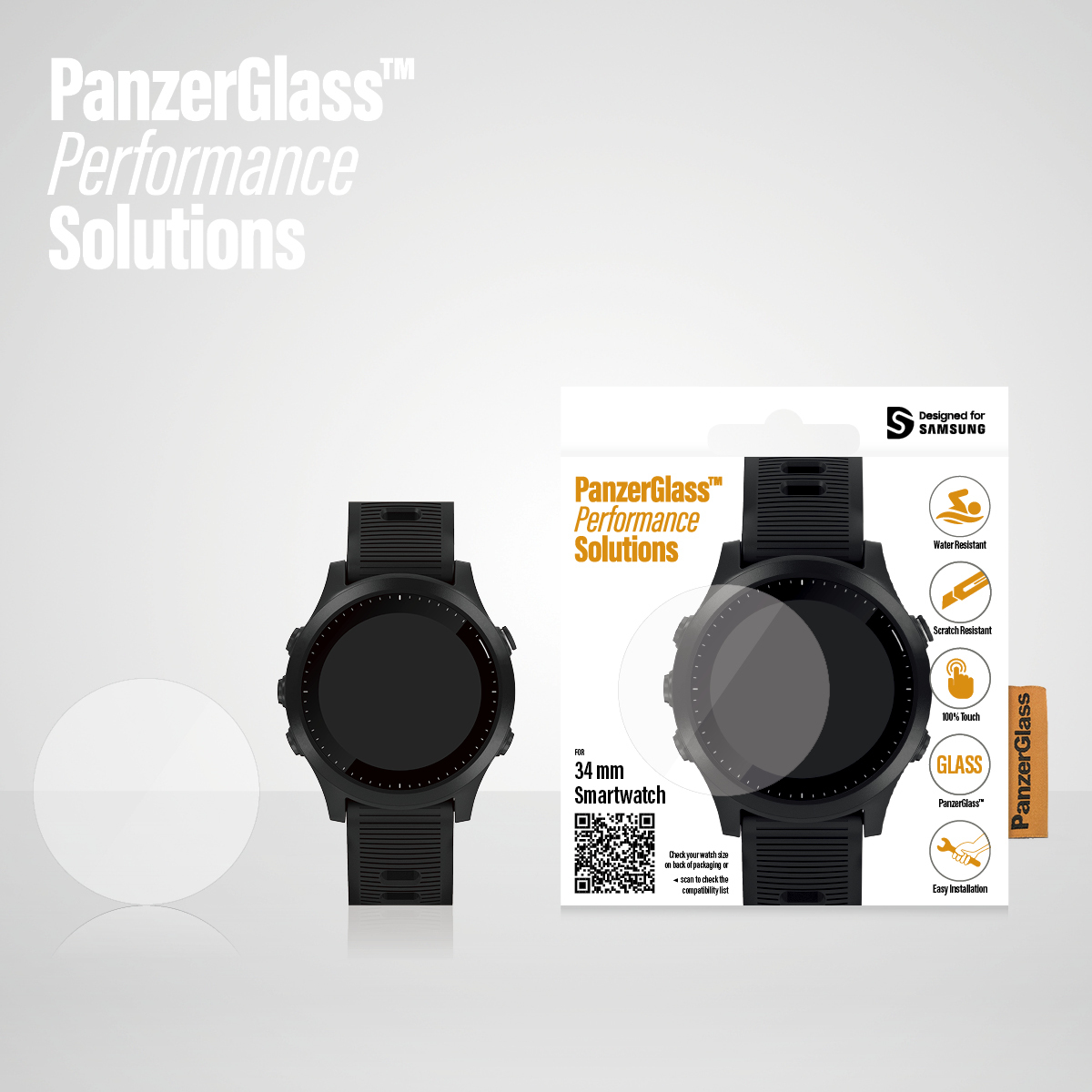 Uno smartwatch e una scatola per la protezione dello schermo. L'orologio è nero e la protezione è trasparente. La scatola ha l'orologio sopra.