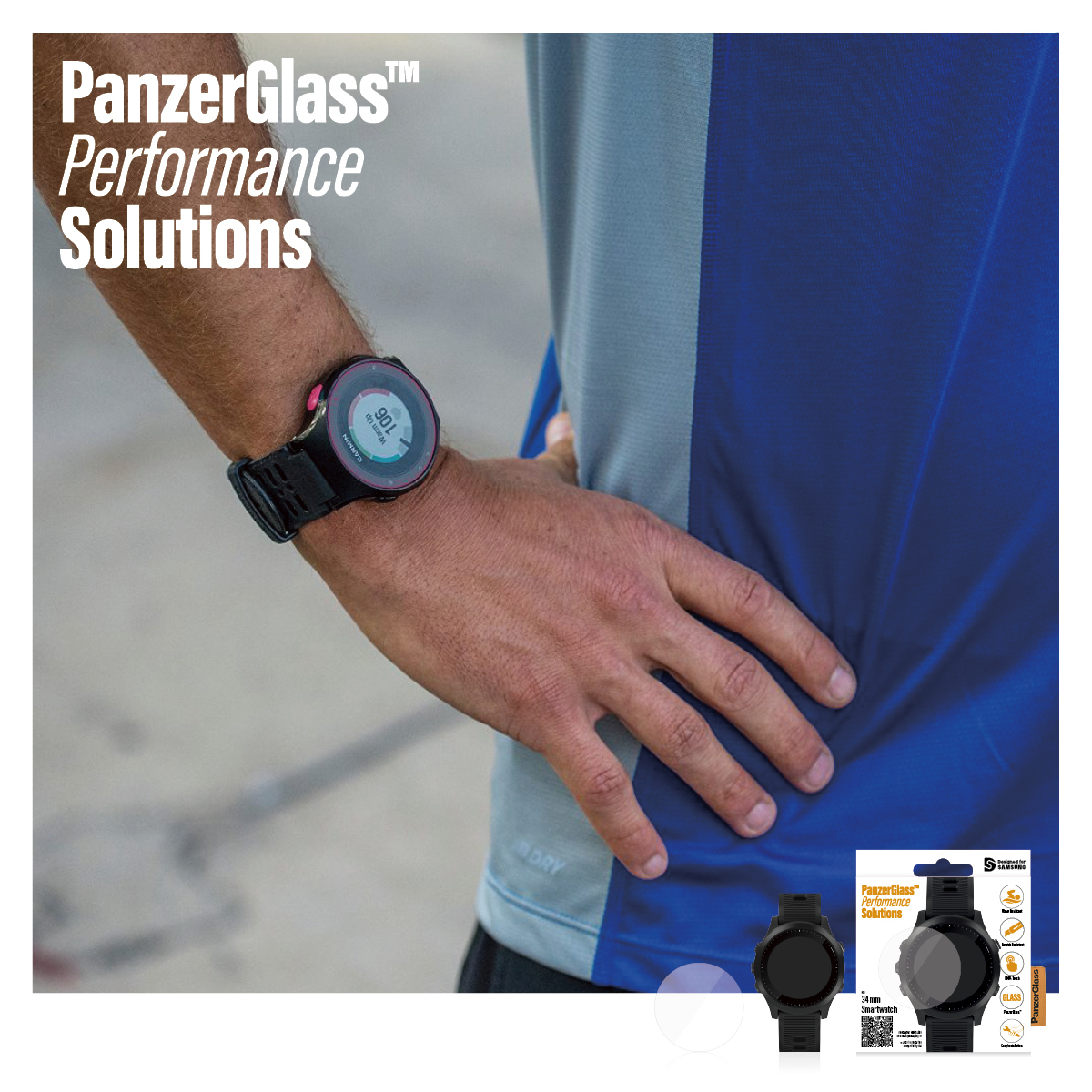 Uomo con smartwatch. L'orologio mostra dati. Marchio PanzerGlass Performance Solutions.