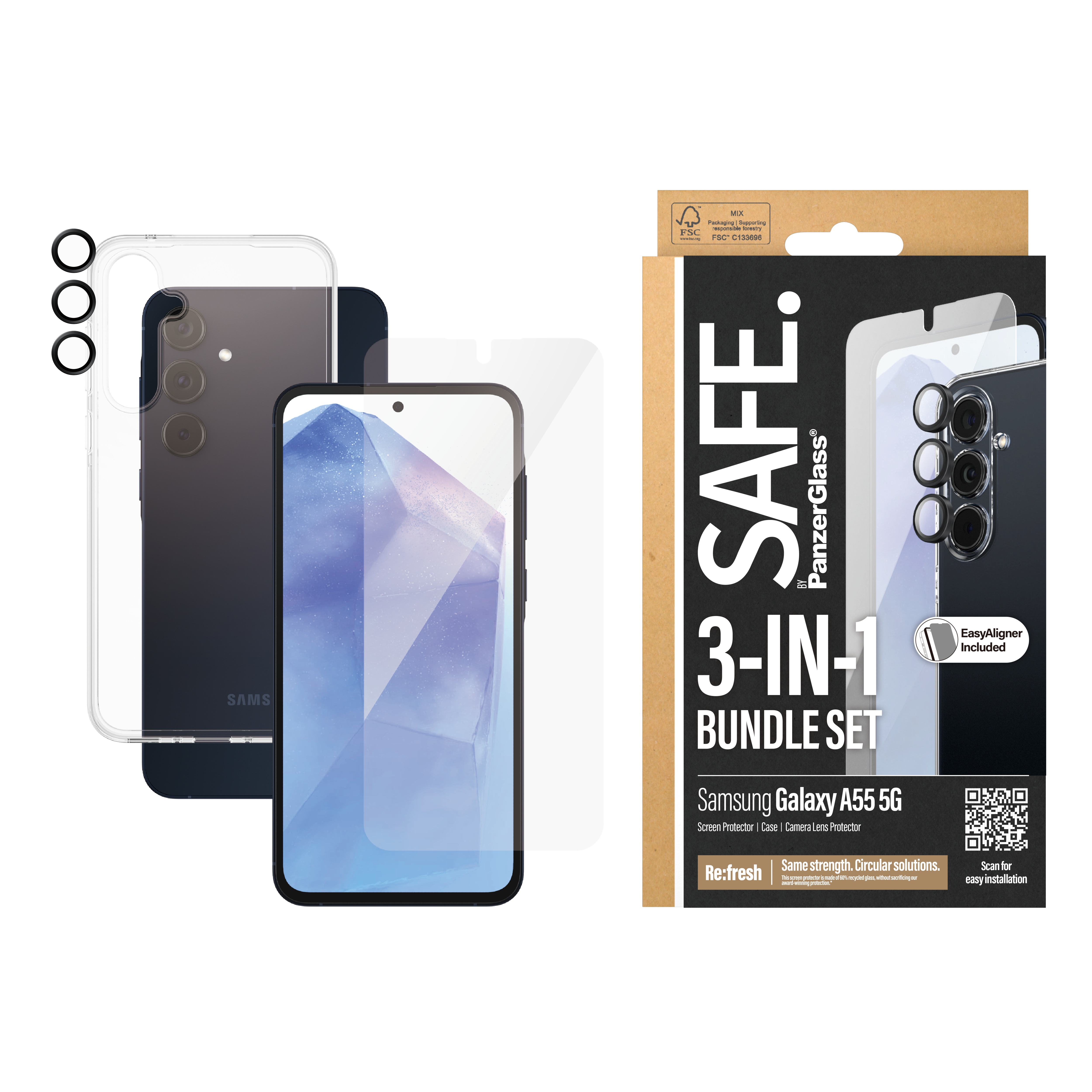 Un set bundle 3 in 1 con telefono, protezione schermo e protezione lente fotocamera in una scatola.