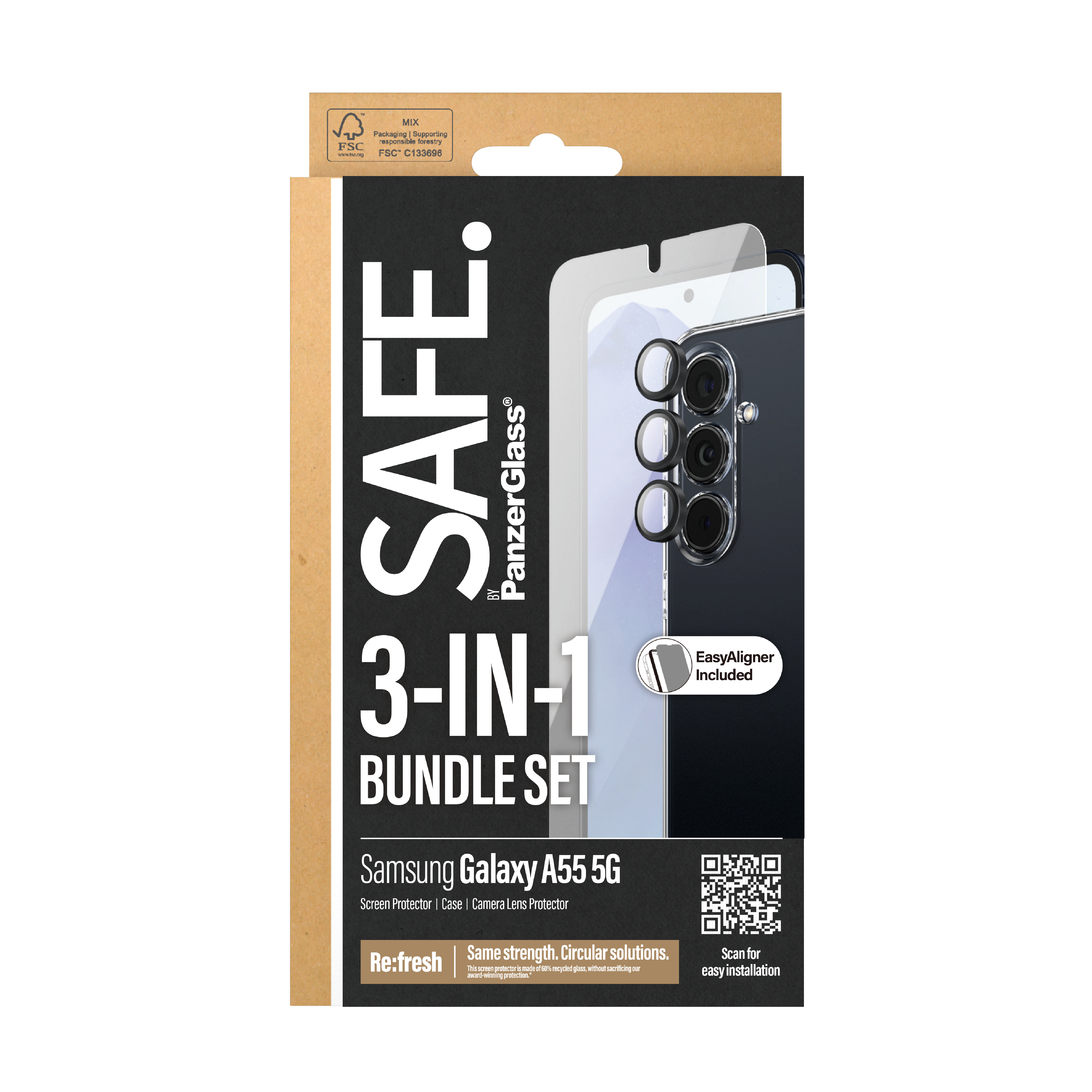 Un set bundle 3 in 1 per un telefono. Include una protezione schermo, una protezione per l'obiettivo della fotocamera e una scatola.