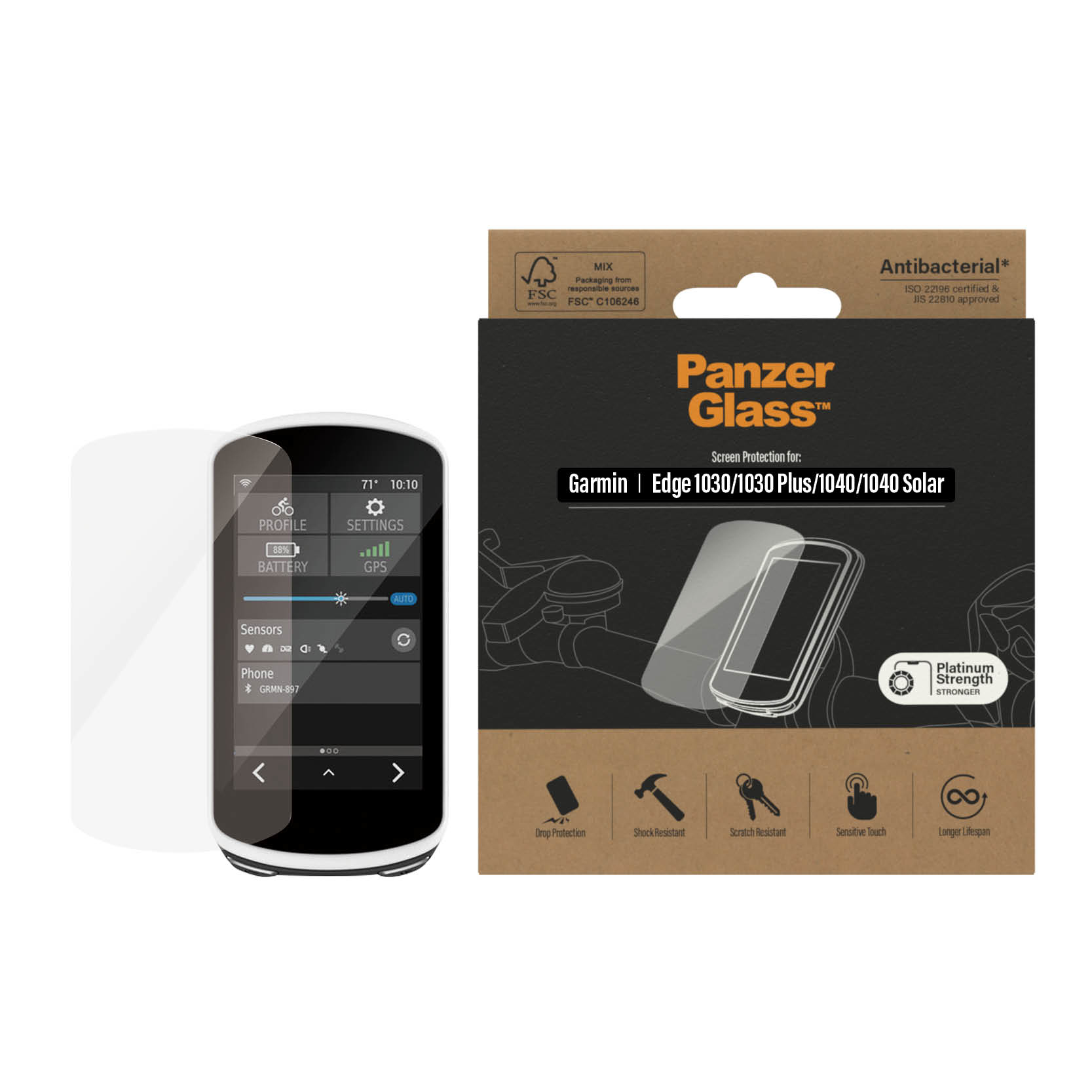 Scatola protezione schermo per Garmin Edge, con telefono che mostra impostazioni e GPS.