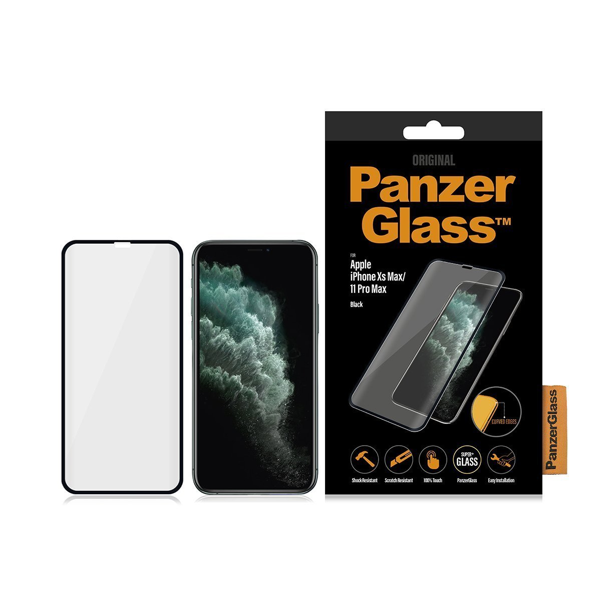 Una scatola per protezione schermo con il logo Panzer Glass e un iPhone. Sono mostrati la protezione e l'iPhone.