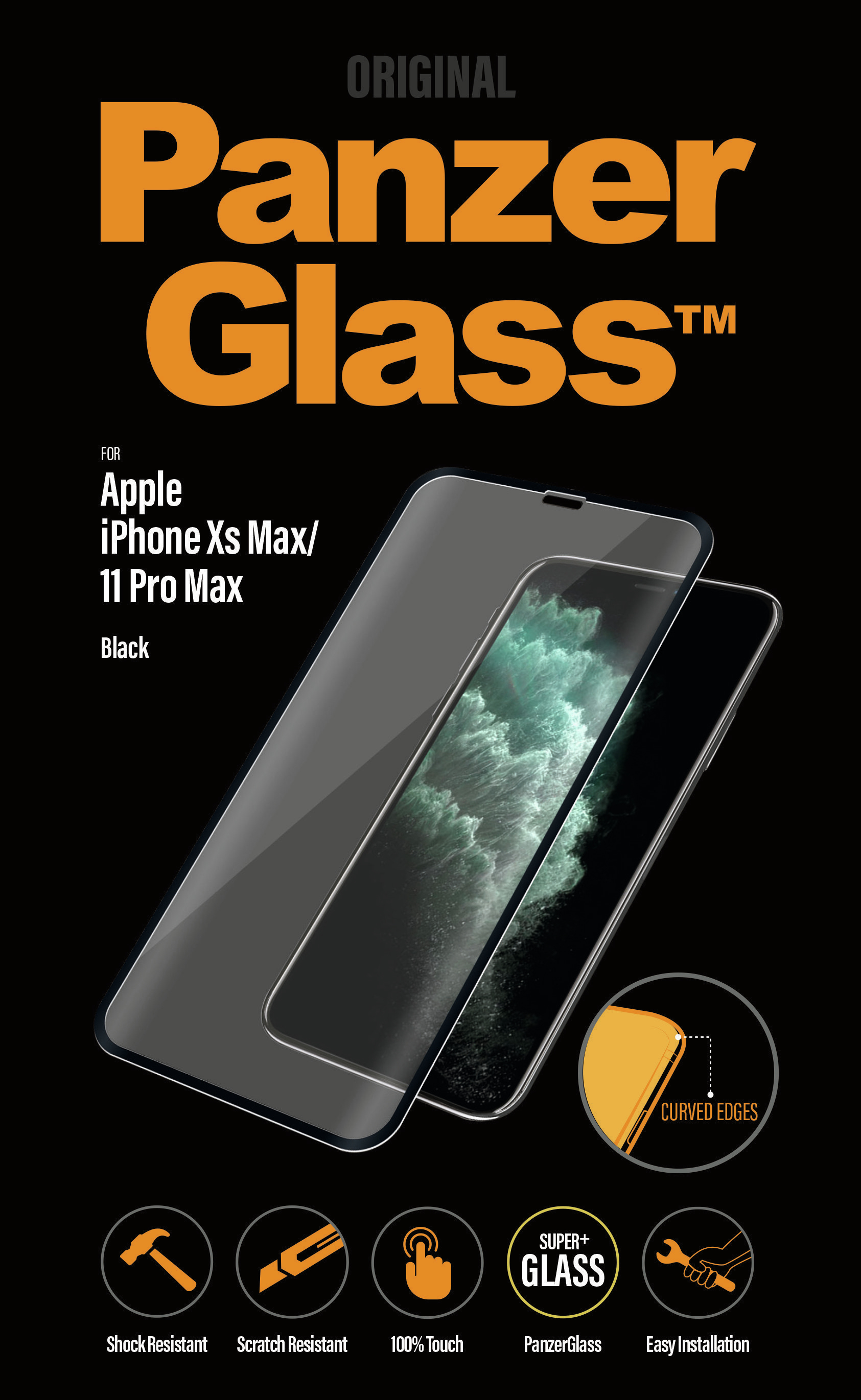 Un telefono con protezione schermo. Lo schermo del telefono è nero. Super+Glass e PanzerGlass.