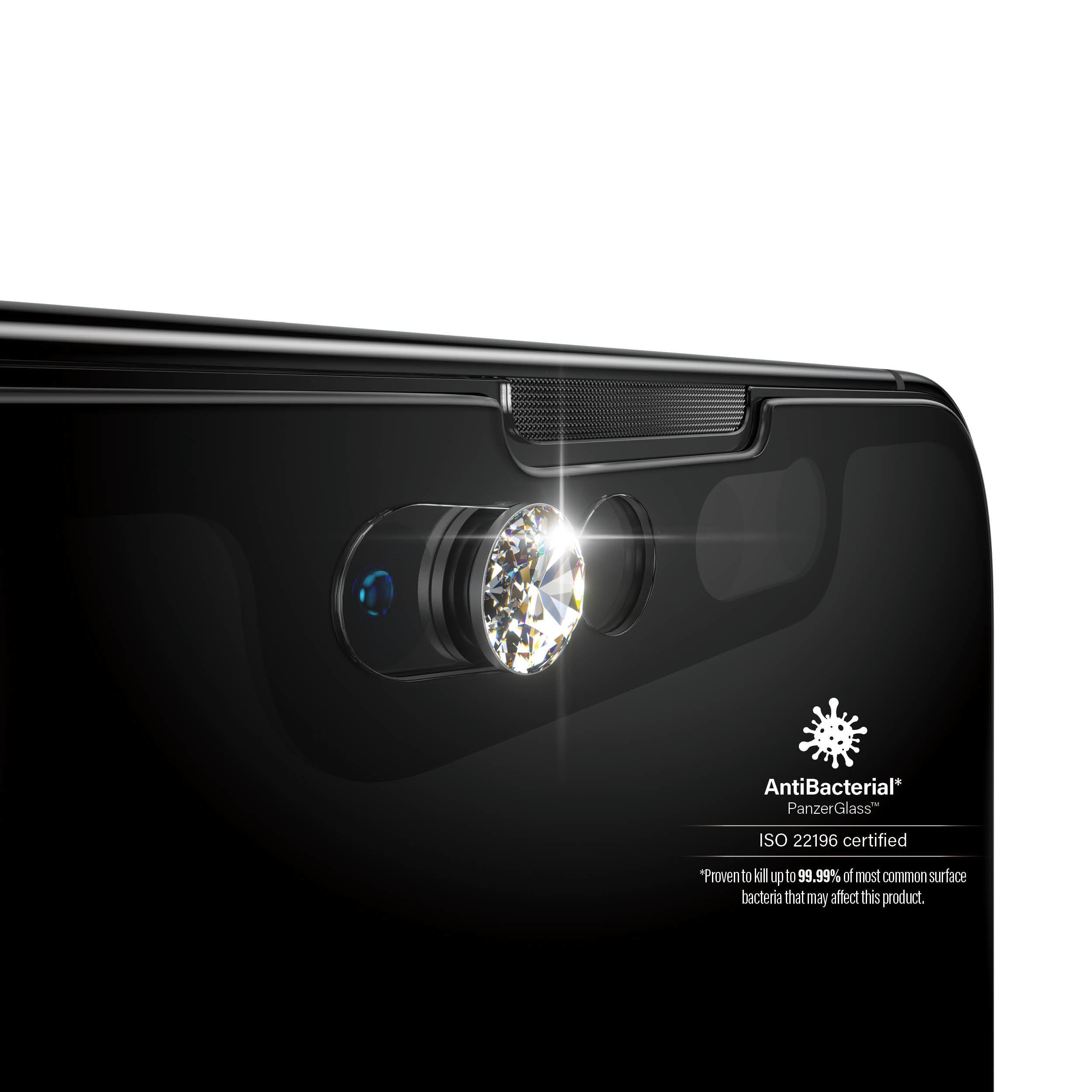 Telefono nero con oggetto a forma di diamante sulla fotocamera, con testo sulle proprietà antibatteriche.