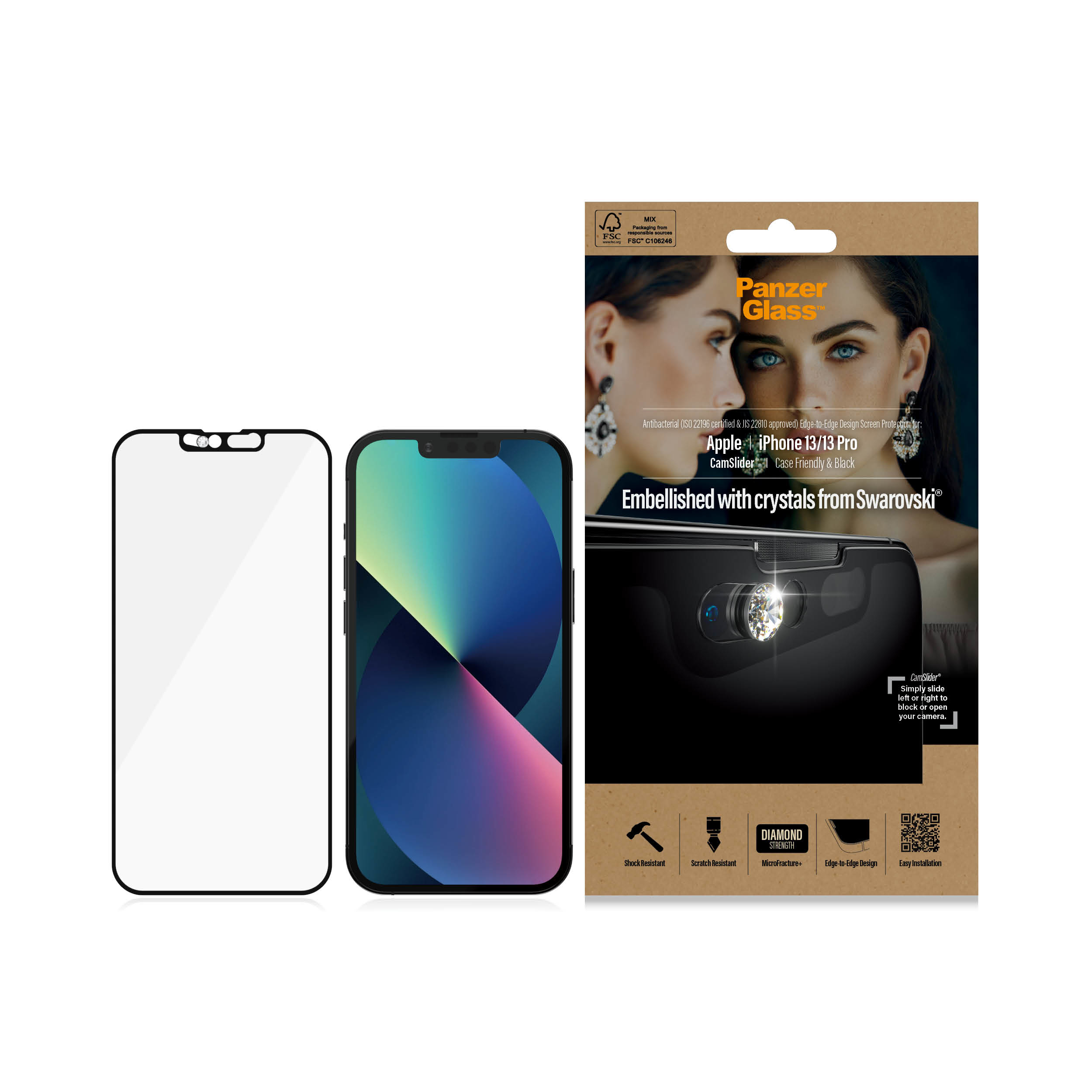 Smartphone con protezione schermo e confezione, con il volto di una donna sulla scatola.
