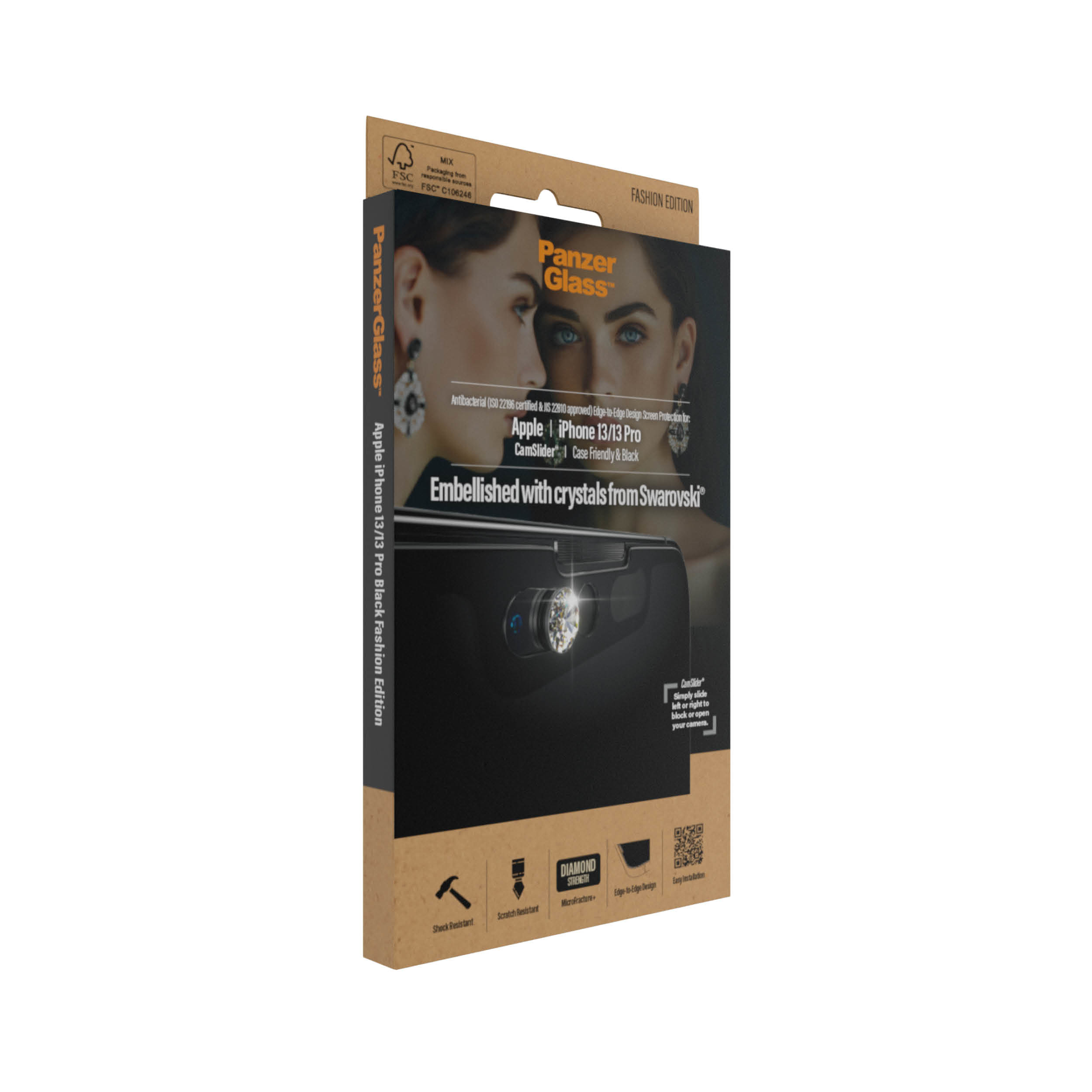 Scatola di PanzerGlass per Apple iPhone 13/13 Pro, Fashion Edition. Con cristalli Swarovski. Scatola nera e marrone.