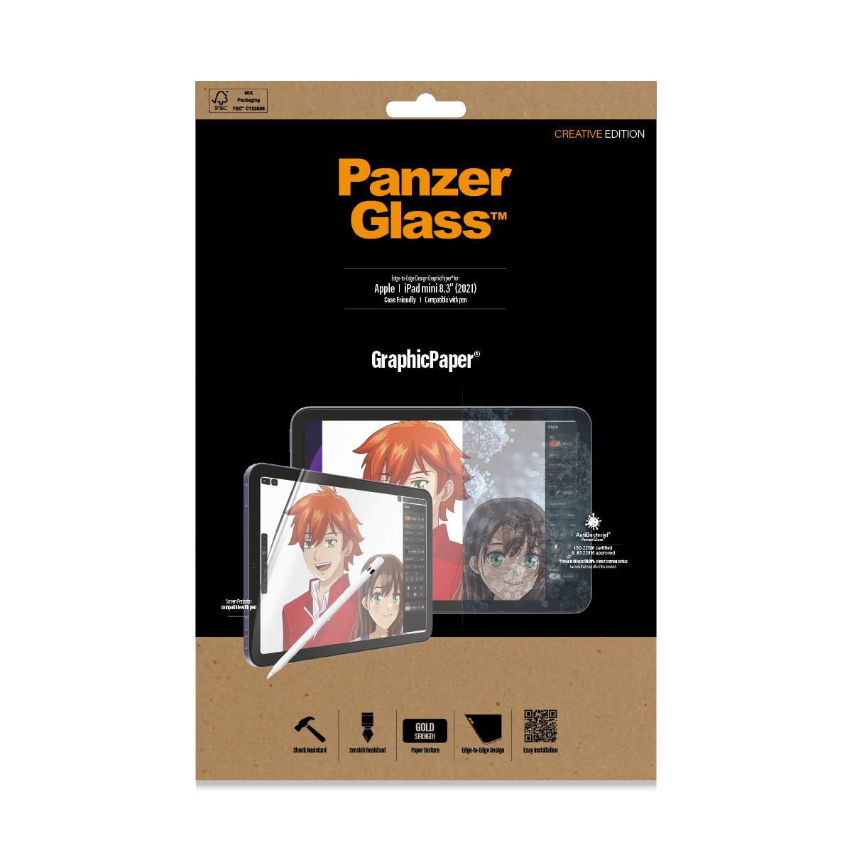 PanzerGlass dla Apple iPad mini 8.3, z rysunkami w stylu anime, tabletem i rysikiem. Czarne tło.