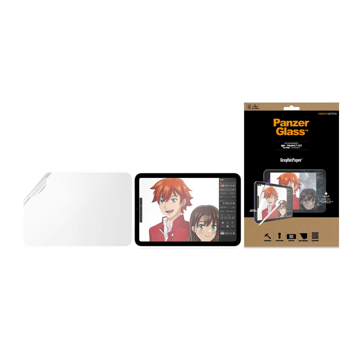 PanzerGlass dla Apple iPad mini 8.3. Ilustracja, tablet z rysunkiem i ochraniacz ekranu.