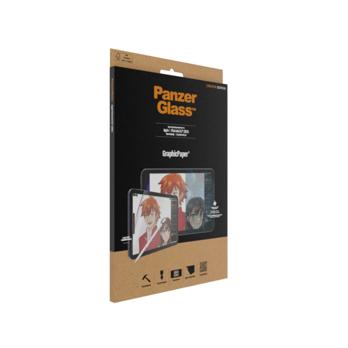 PanzerGlass dla Apple iPad mini 8.3. Opakowanie produktu z rysunkiem ilustracji w stylu anime.